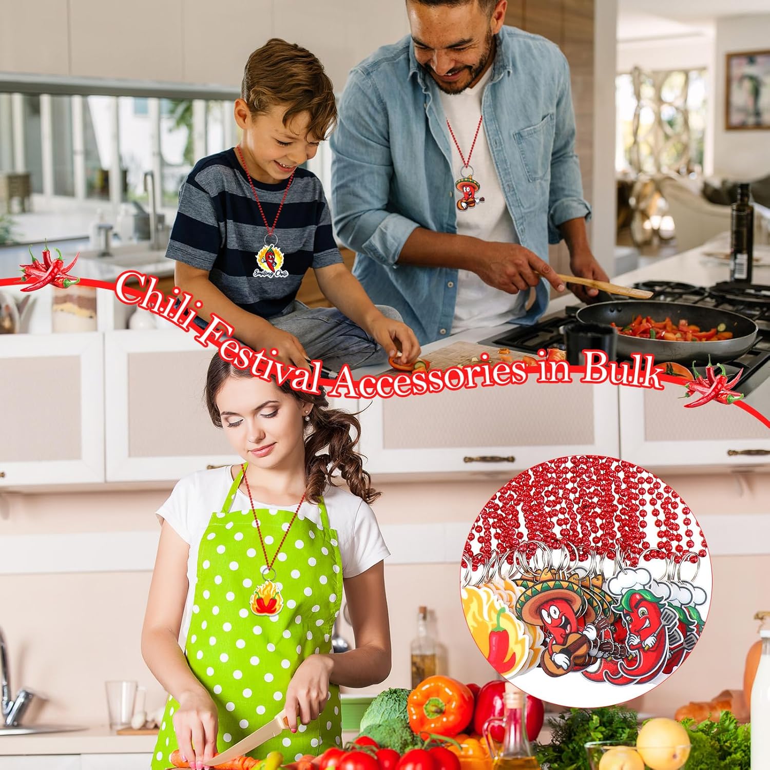 Sasylvia 60 Pcs Chili Pepper Bead Necklaces Bulk Cook off Party Decoration with Felt Pendant in 6 Styles for Mexico Fiesta Chili Themed Cooking Party - Image 7
