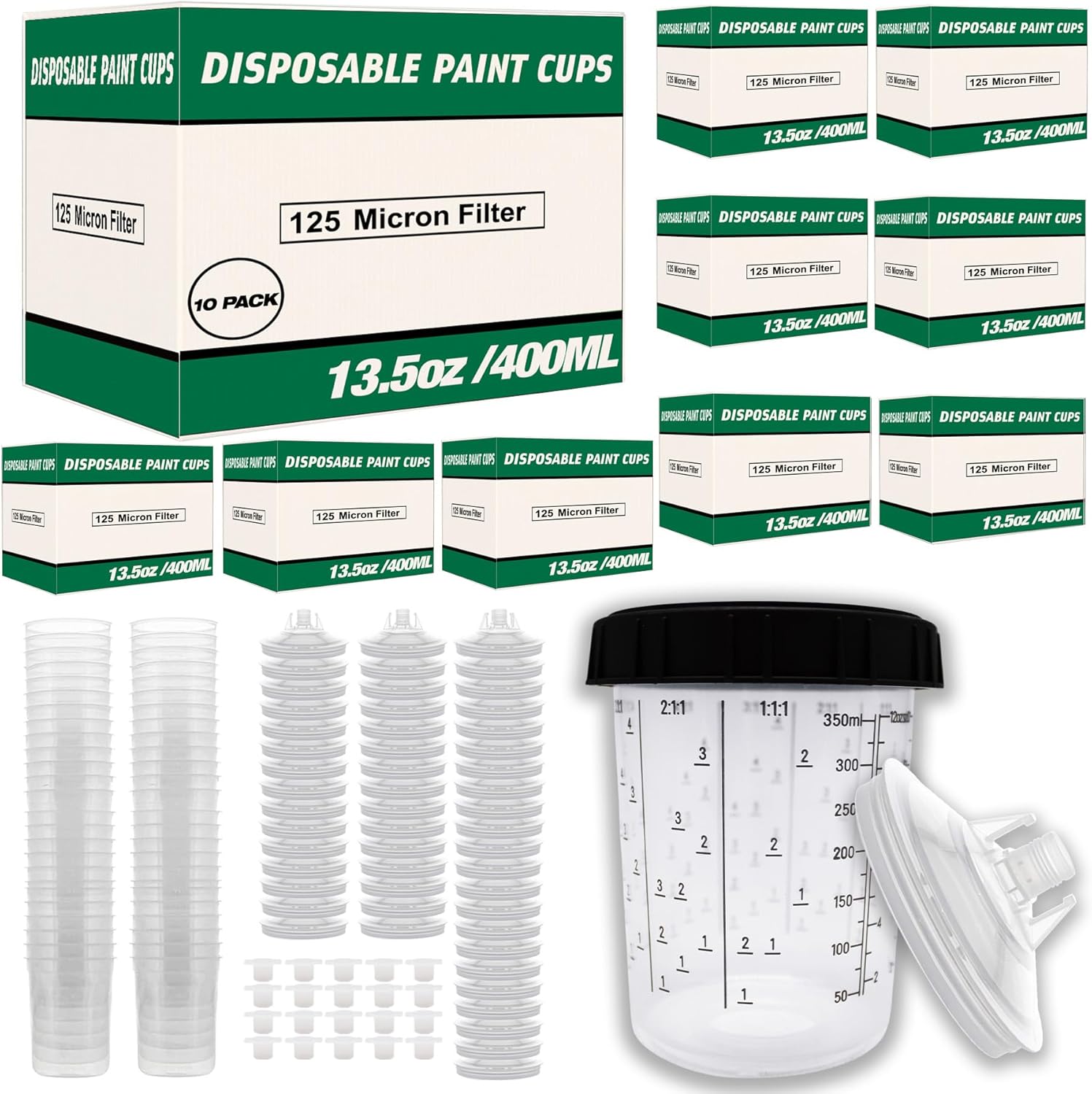 Value Pack 5 Boxes - Disposable Spray Gun Paint Cups Liners and Lid Kit - Each Box Includes: 50 Cup Liners, 50 Lids with 125 Mic, 1 Hard Cup with Retainer Ring and 20 Plugs (5 Boxes of 600ml / 25984