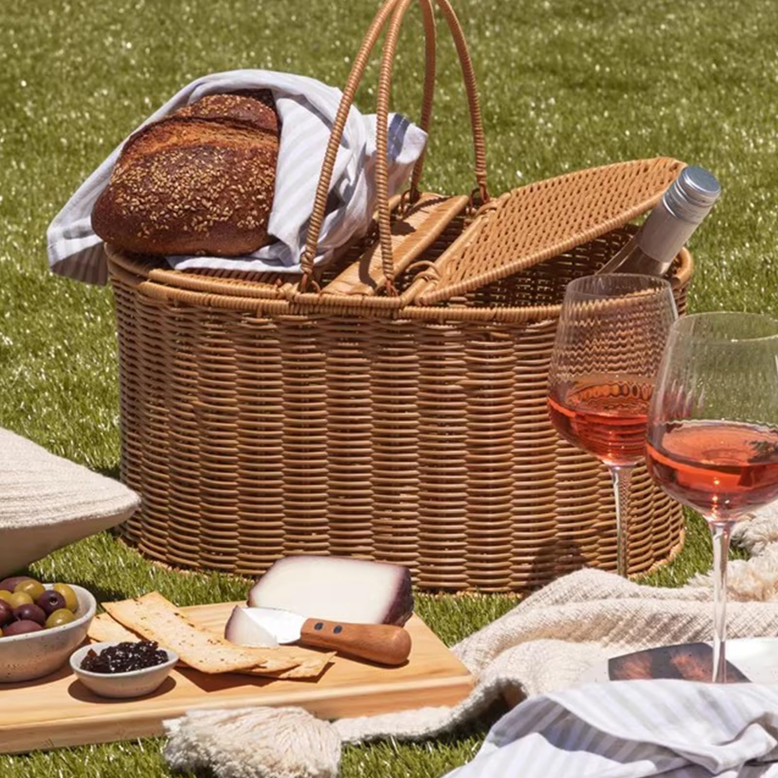 Cestino Picnic in Rattan Intrecciato a Mano,Cestino con Manico, Adatto for Picnic in Famiglia, Gite in Campeggio