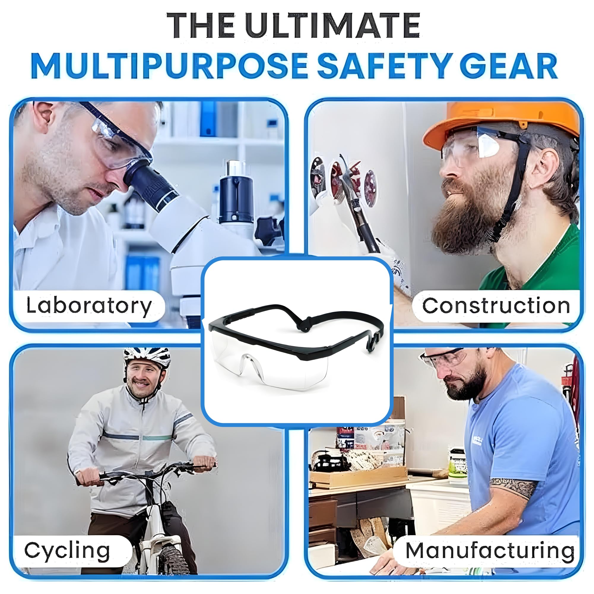 Gafas de seguridad, lente de cobertura completa, protector de cejas integrado, resistentes a los rayos UV, antivaho, antiarañazos, resistentes a los impactos, marcos laterales ajustables