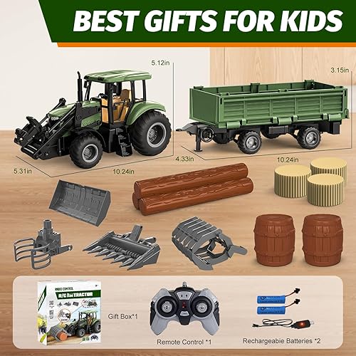 Miniatura 7 de Tractor de control remoto, juego de tractor RC de 2.4 GHz, juguetes de granja para niños con 2 métodos RC4 unidades de cargador frontalmultigrano,
