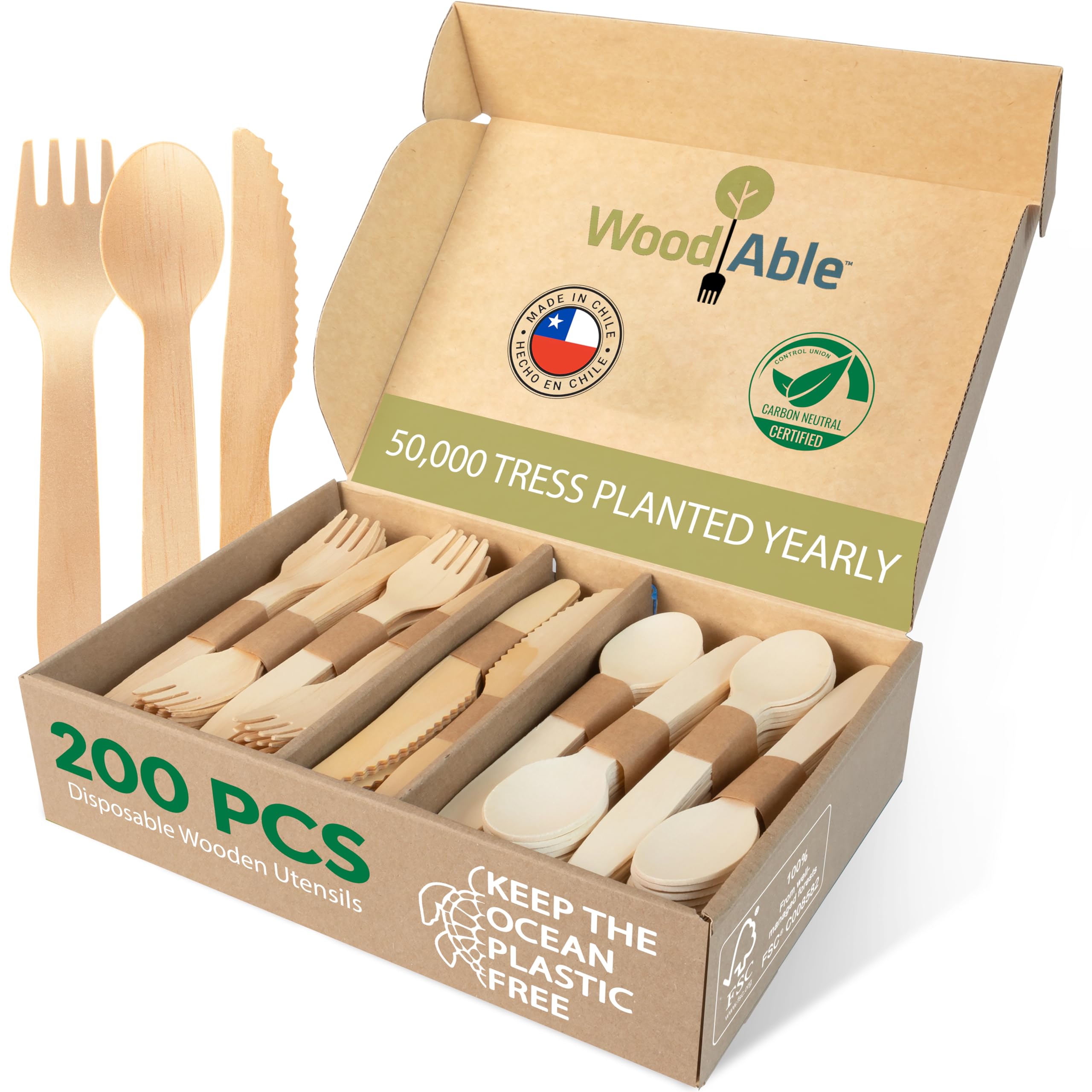Disposable Wooden Cutlery Set - 100% Home Compostable - 200 Mix (80 Forks, 80 Spoons and 40 Knives) 6.5", Bamboo Utensils Alternative, Eco-Friendly, Organic, Sustainable and Carbon Neutral CertifiedThe Forest Stewardship Council