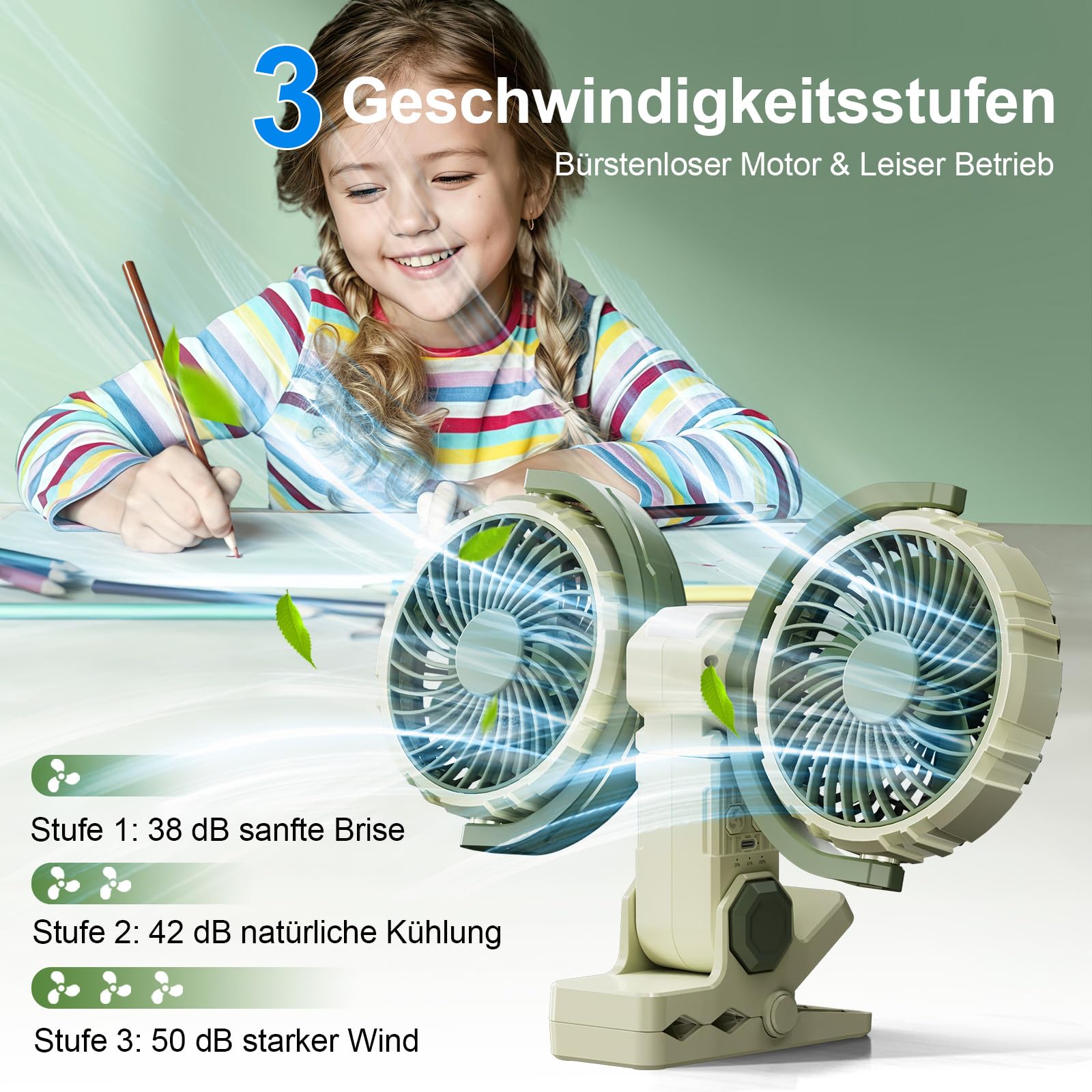 Ventilatore da tavolo a doppia testa con clip on a batteria, USB ricaricabile, rotazione a 360 gradi, ventilatore di raffreddamento personale silenzioso, può essere fissato ai veicoli, verde