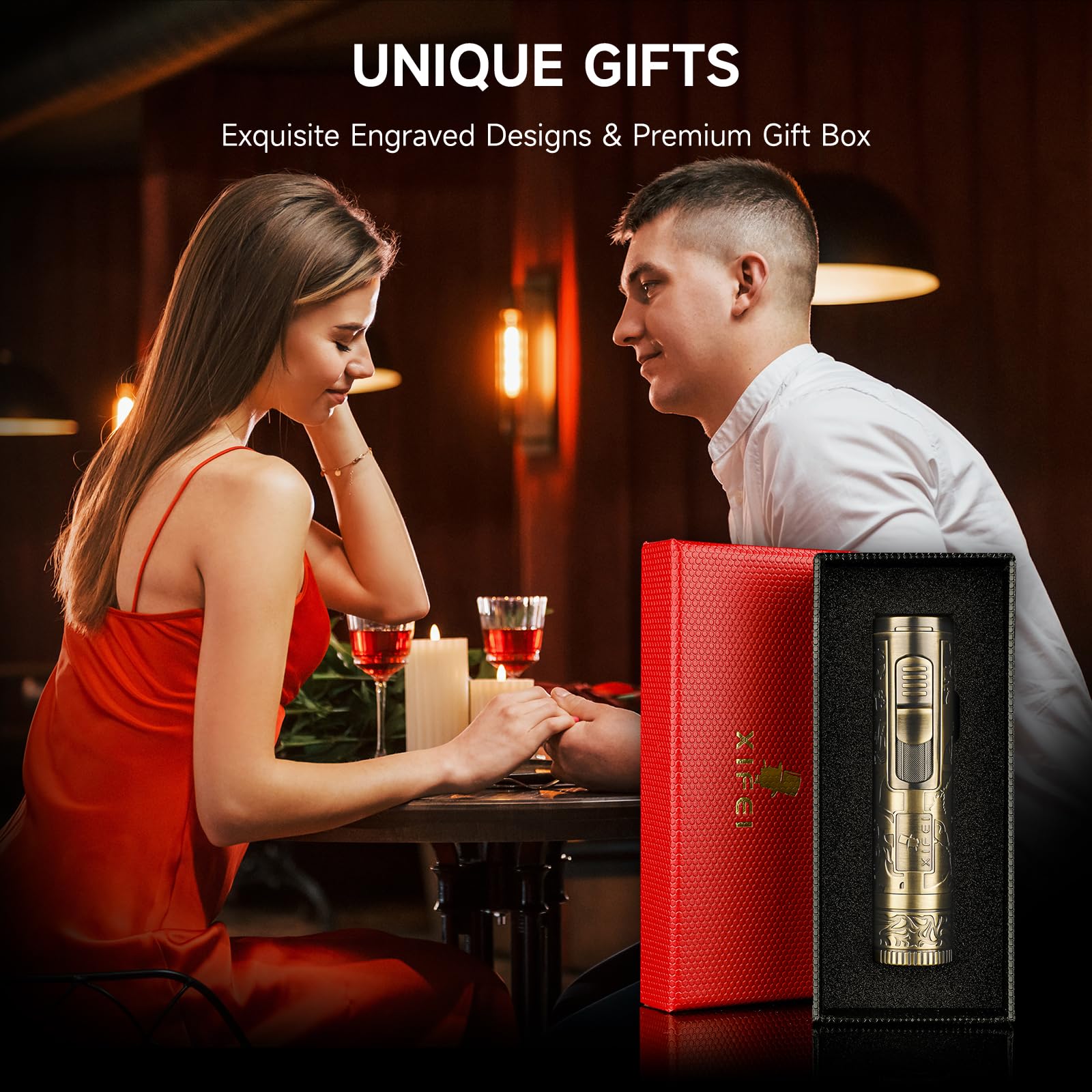 XIFEI Taschenlampe Feuerzeug, 4 in 1 Zigarrenfeuerzeug mit Jet Flame, Punch, Halter, Draw Enhancer, Winddicht Nachfüllbar Butan Feuerzeuge, Multifunktions Zigarren Zubehör Geschenk für Männer (Bronze)