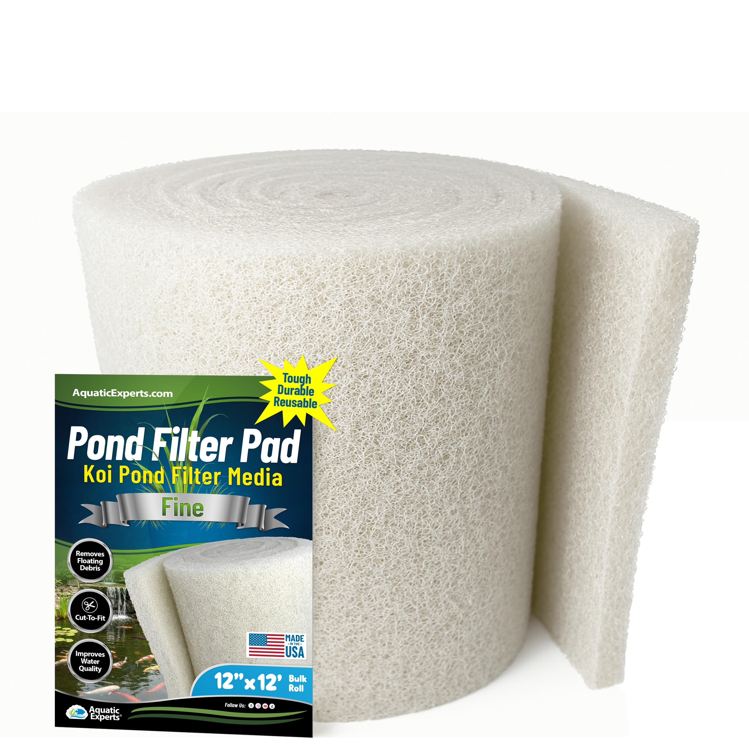 Aquatic Experts Classic Koi - Almohadilla de filtro fina para estanque – Color blanco a granel, material de filtro de estanque de peces ultra duradero de Estados Unidos (12 pulgadas x 12 pies)