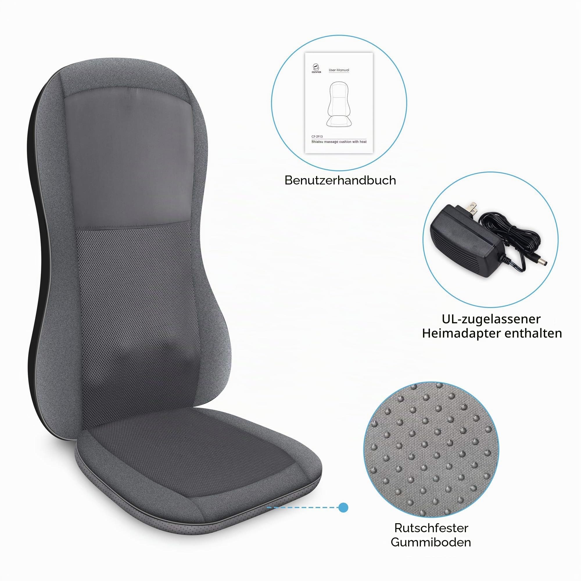 Comfier Massagesitzauflage mit Wärme, 2D/3D Shiatsu Massageauflage für Schulter und Rücken, Rückenmassagematte mit Wärmefunktion und Vibrationsfunktion,Geschenke für Männer/Frauen/Mama/Papa