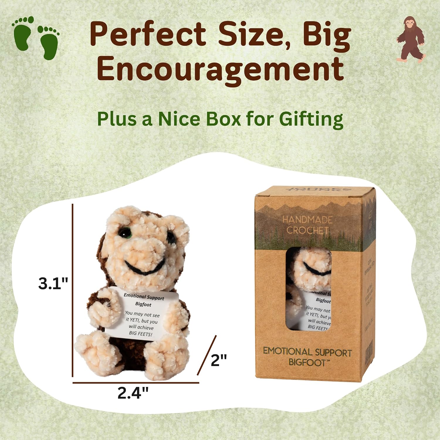 Bigfoot Emotional Support Crochet Doll - Funny Positive Crochet Animals - Mini Yeti Plush with Encouragement Card - Sasquatch Handmade Crochet Positive Gifts for Women, Men, and Teens | Mini Pocket Bigfoot, Big Foot Sasquatch Gifts for Birthdays, Graduation, Holidays, Positive Crochet Animals for Women and Men