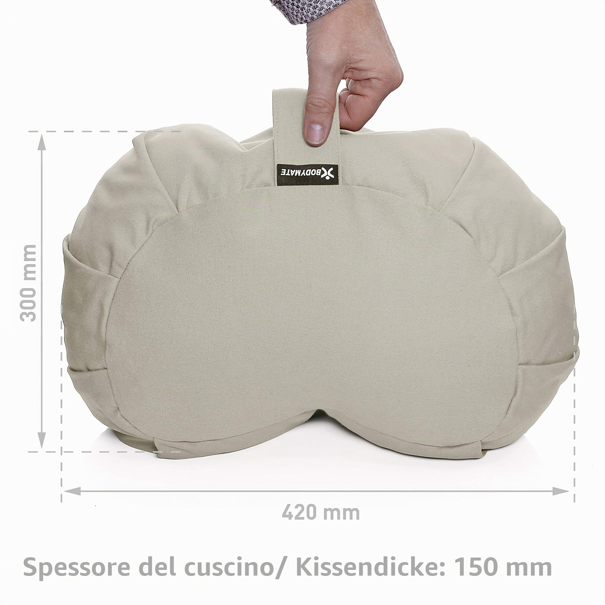 BODYMATE Cuscino da yoga a mezzaluna, lunghezza 42 cm, larghezza 30 cm e altezza 15 cm, imbottitura in schiuma di grano saraceno, lavabile in lavatrice, 100% cotone extra spesso, cuscino per