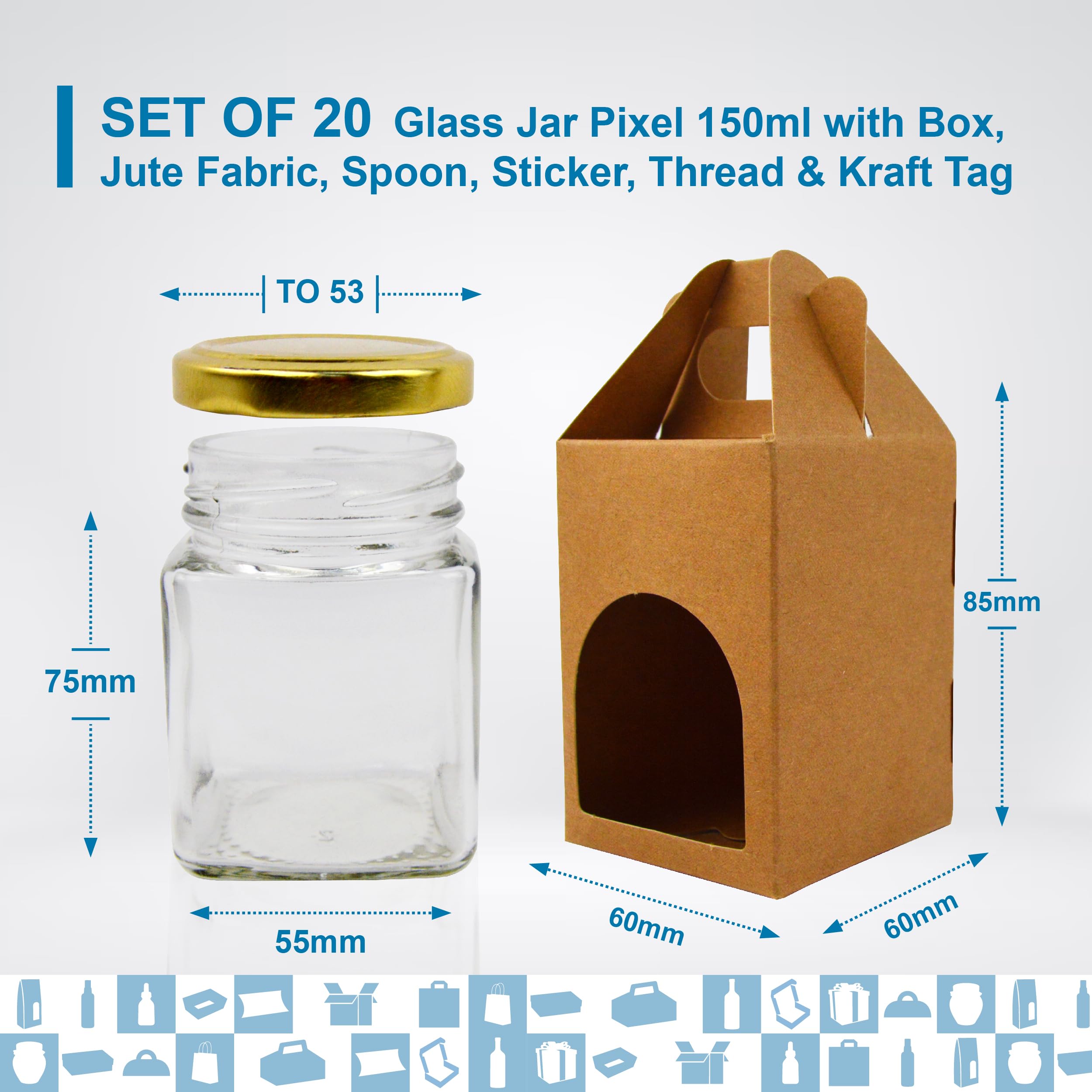 20 x Quadratisches Glas 150 ml mit Deckel + 20 Dosen + 20 Löffel aus Holz + 20 Etiketten aus Kraftpapier + 20 selbstklebende Etiketten + Stoff und Juteschnur – Gewürze, Marmelade, Joghurt, 20 Stück