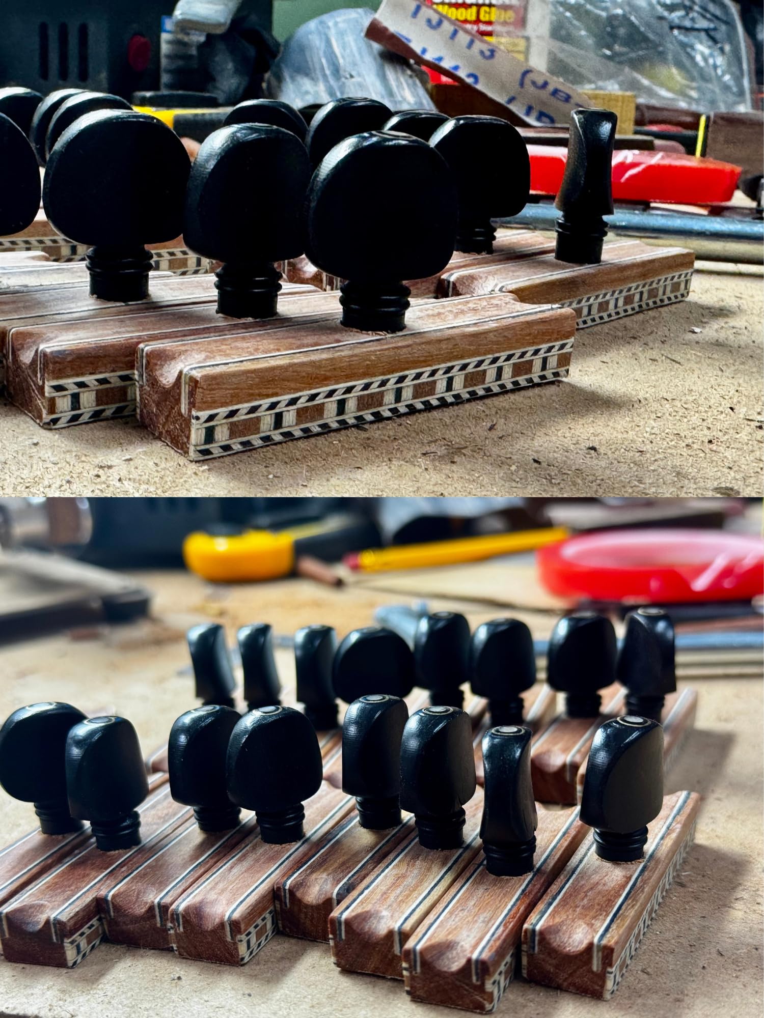 Cejilla Artesanal “La Moraína” para Guitarra Flamenca – Madera con Cenefa de Marquetería, Clavija de Ébano y Ajuste de Piel de Vaca, Cuerda Resistente
