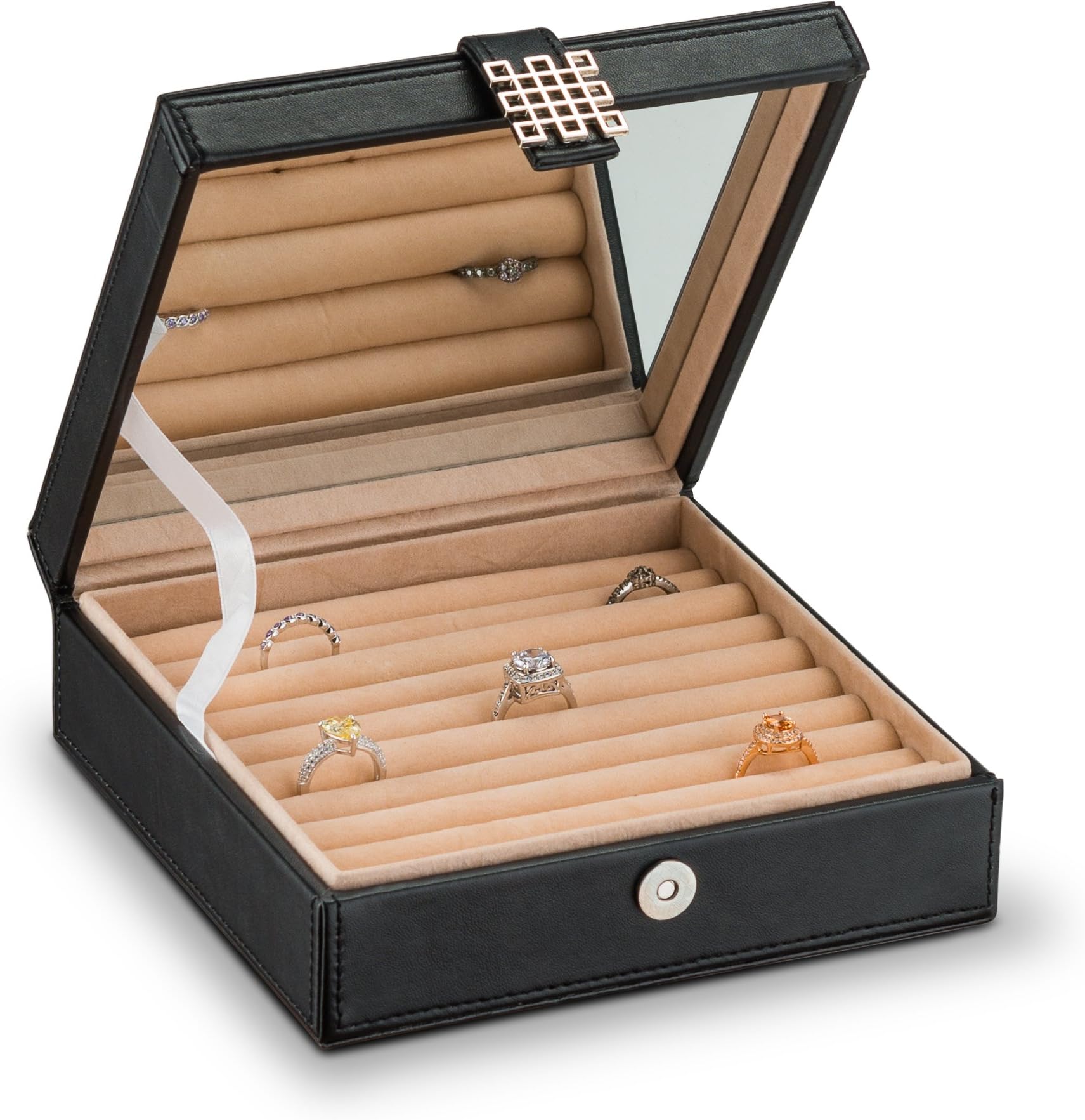 Glenor Co Ring Box Organizer - 54 Slot Classic Jewelry Display Case Holder - Storage Tray with Modern Buckle Closure, Large Mirror - for Rings and Cufflinks - Small for Travel - PU leather - Black