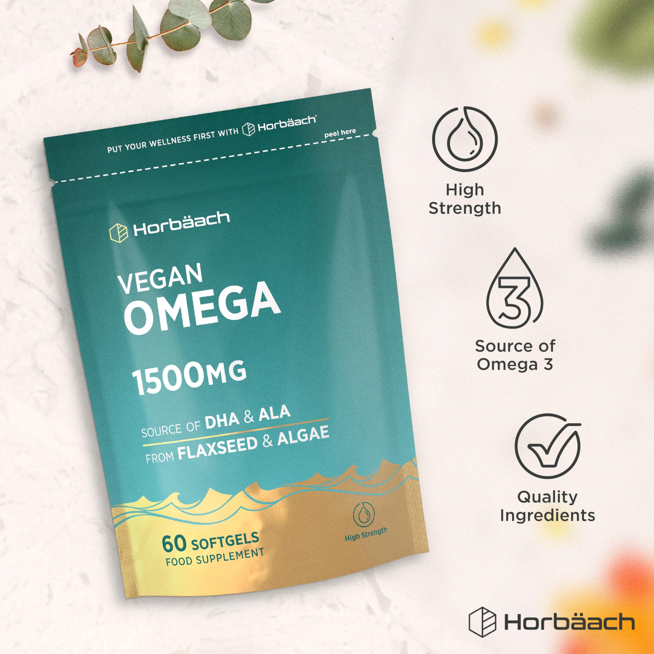 Omega 3 DHA z oleju z Alg 1500mg | Wegańskie | 60 kapsułek miękkich | Wysoka Zawartość: 450mg ALA i 240mg DHA | marki Horbaach