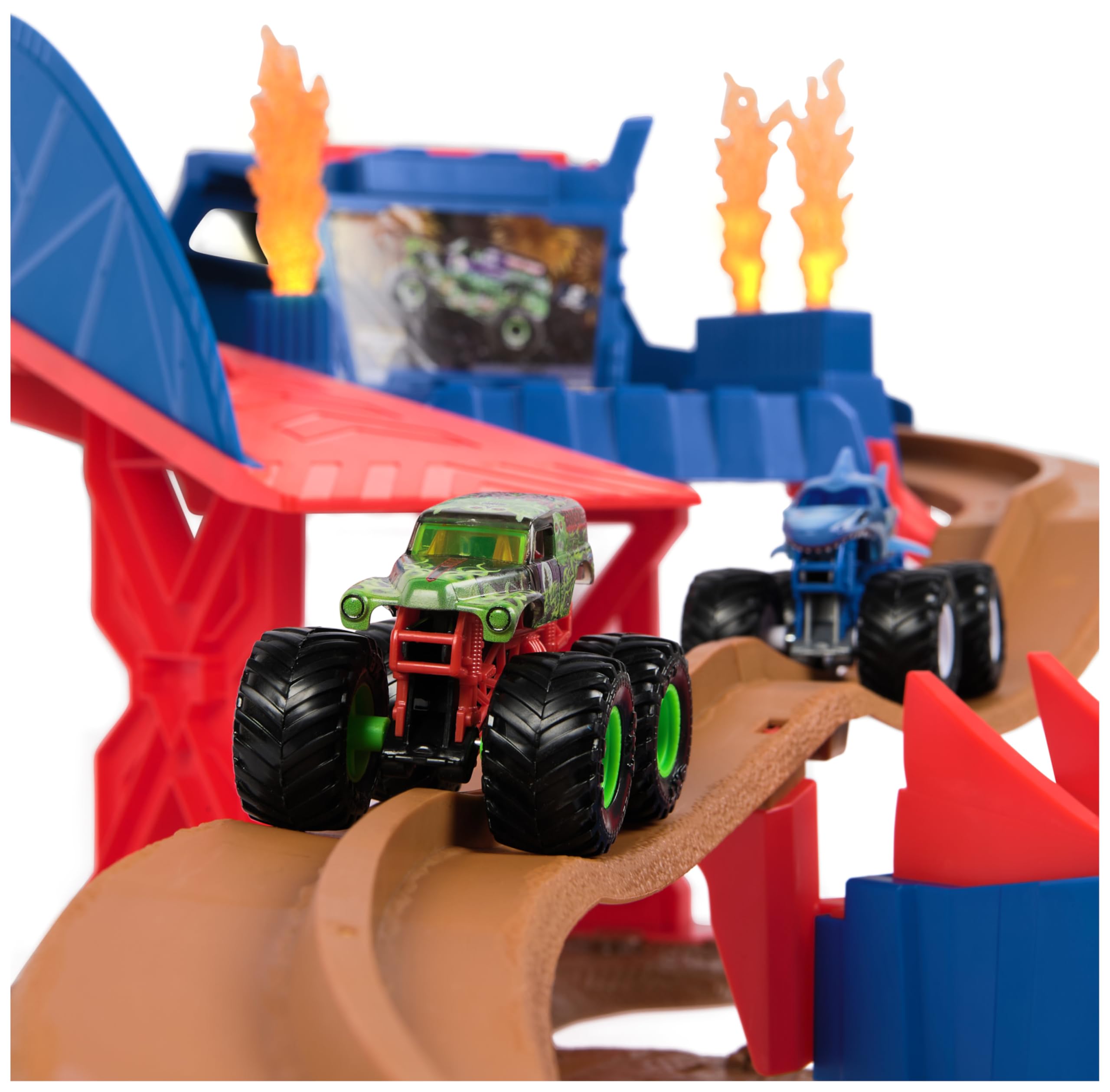 Monster Jam, Supercharge Speedway Spielset, mit den Trucks Megalodon und EL Toro Loco im Maßstab 1:64, actiongeladene motorisierte Stunt-Strecke mit Rampen, Beleuchtung und viel Zubehör, ab 3 Jahren | Maßstab 1:64, El Toro Loco und Megalodon, kompatibel m