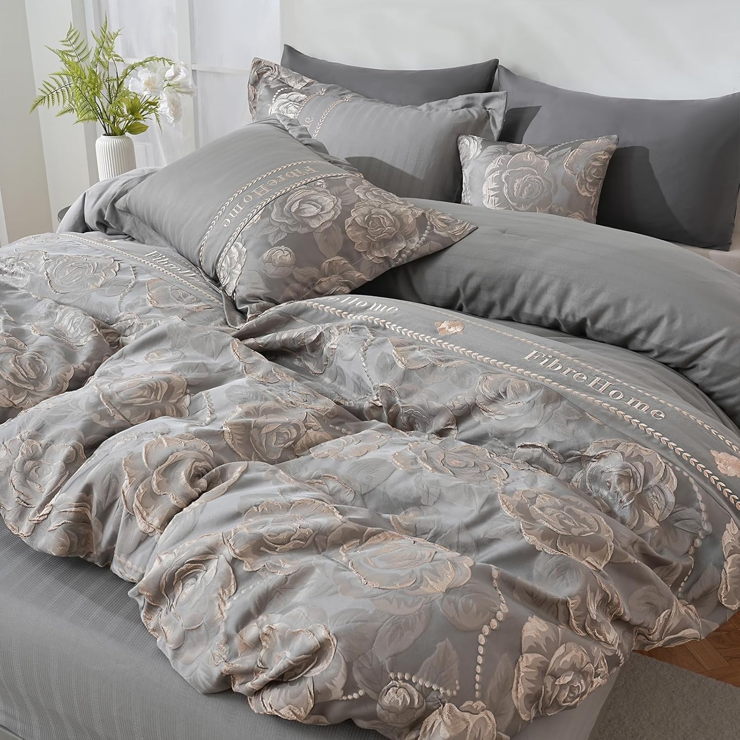 Queen Bed in a Bag 6-Pieces Jacquard Embroidery Splicing Design Comforter Set Rose Flowers Bedding Set Durable and Super Soft Microfiber Grey Comforter for All Season (fd001-Queen Grey) - Image 4