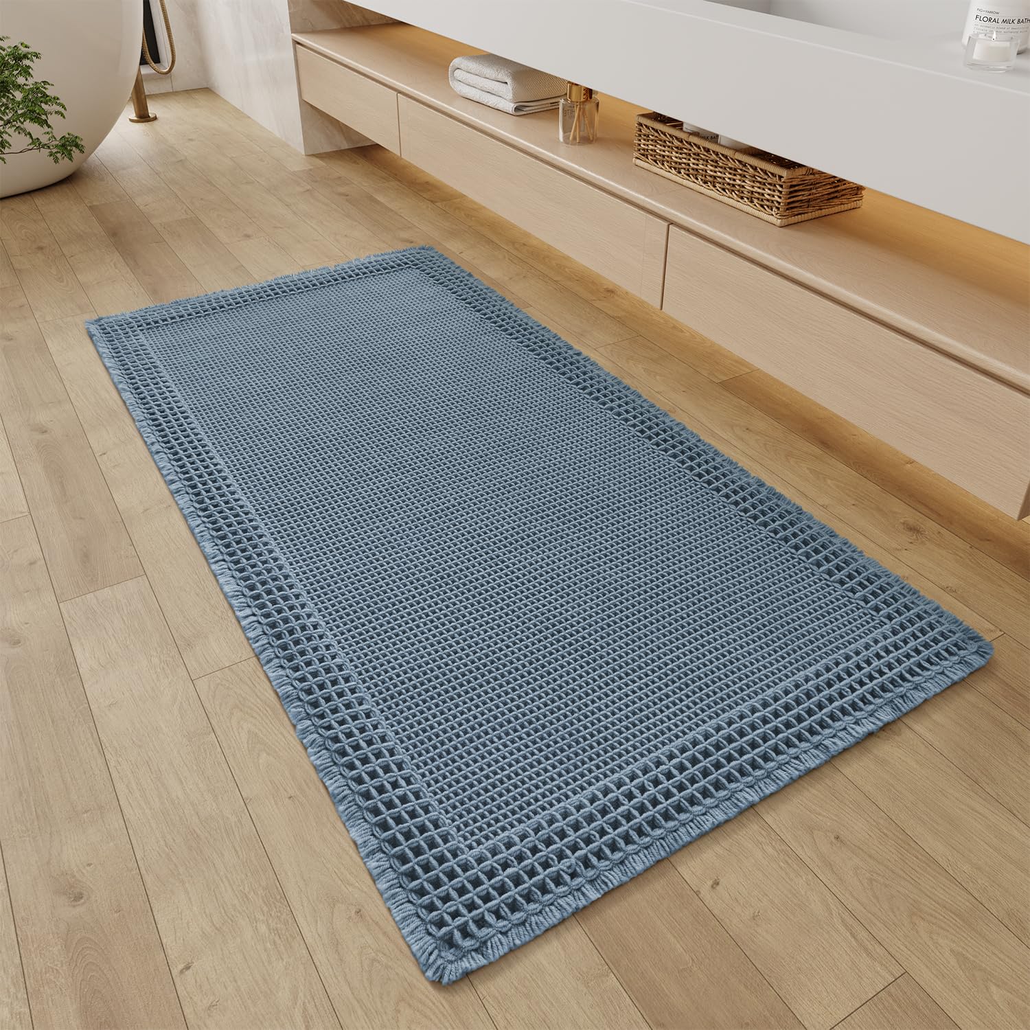 RESARE Waffle Bathroom Runner Rugs, Super Absorbent Bath Mat Non Slip Washable Quick Dry, Upgraded Ultra Soft Boho Bath Rugs with Tassels for Hallway