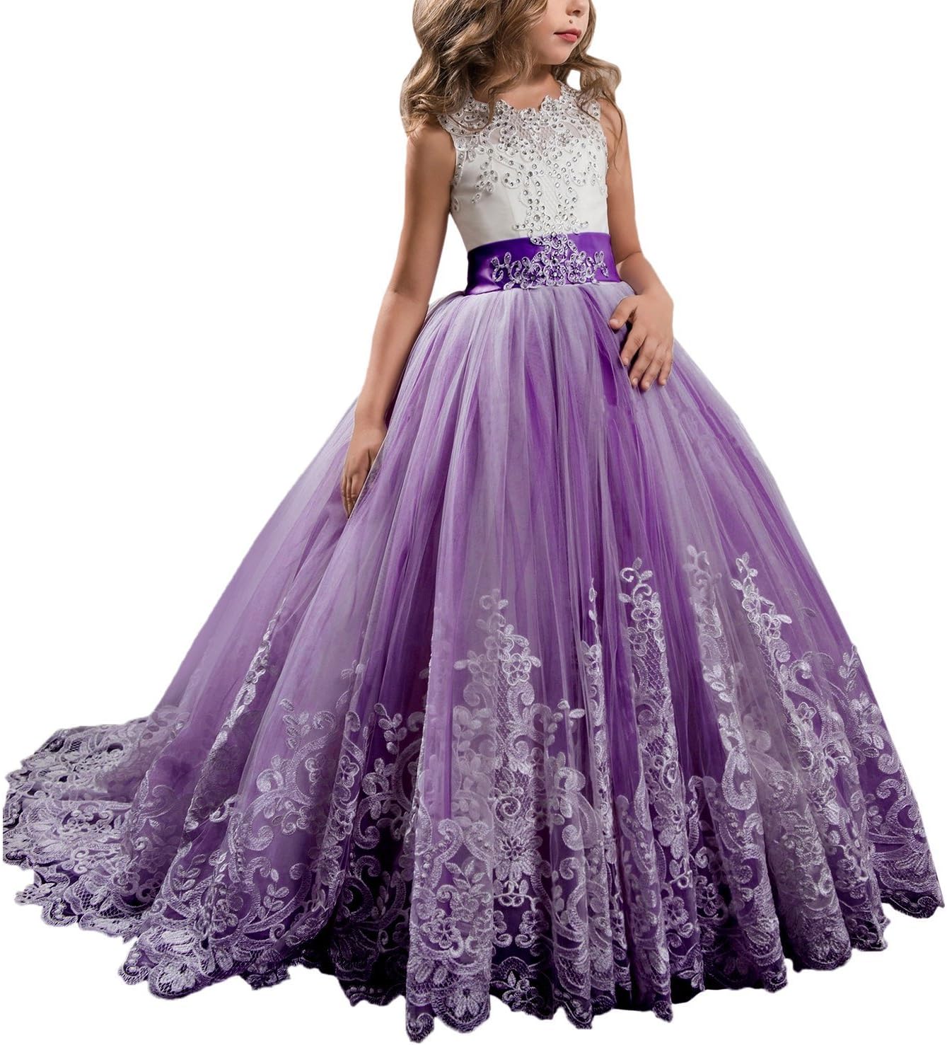 Princess Lilac Long Girls Pageant Dresses Kids Prom Puffy Tulle Ball Gown Magicdress 26