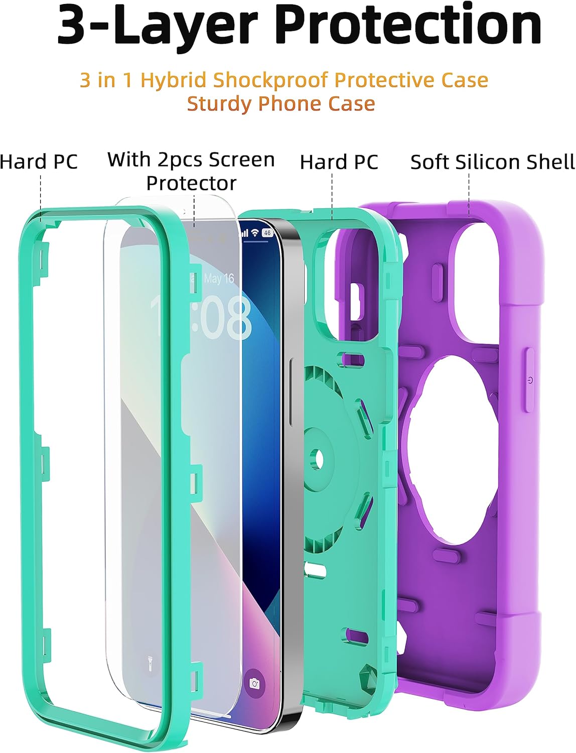 KCJ Compatible with iPhone 14 Case & iPhone 13 Case with [2 x Screen Protectors+1xCamera Lens Protector] Military Grade Drop Protection Case for iPhone 14/iPhone 13 6.1" - Image 3