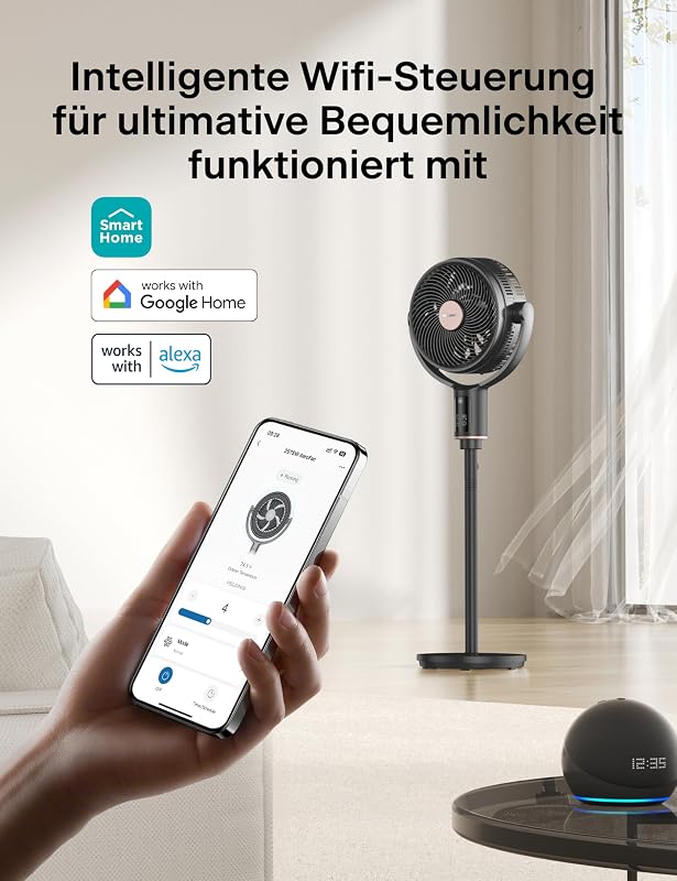 PELONIS 135° Oszcilláló Okos Álló Ventilátor, Csendes DC Motor, 9 Fokozat, 36-110cm Magasság