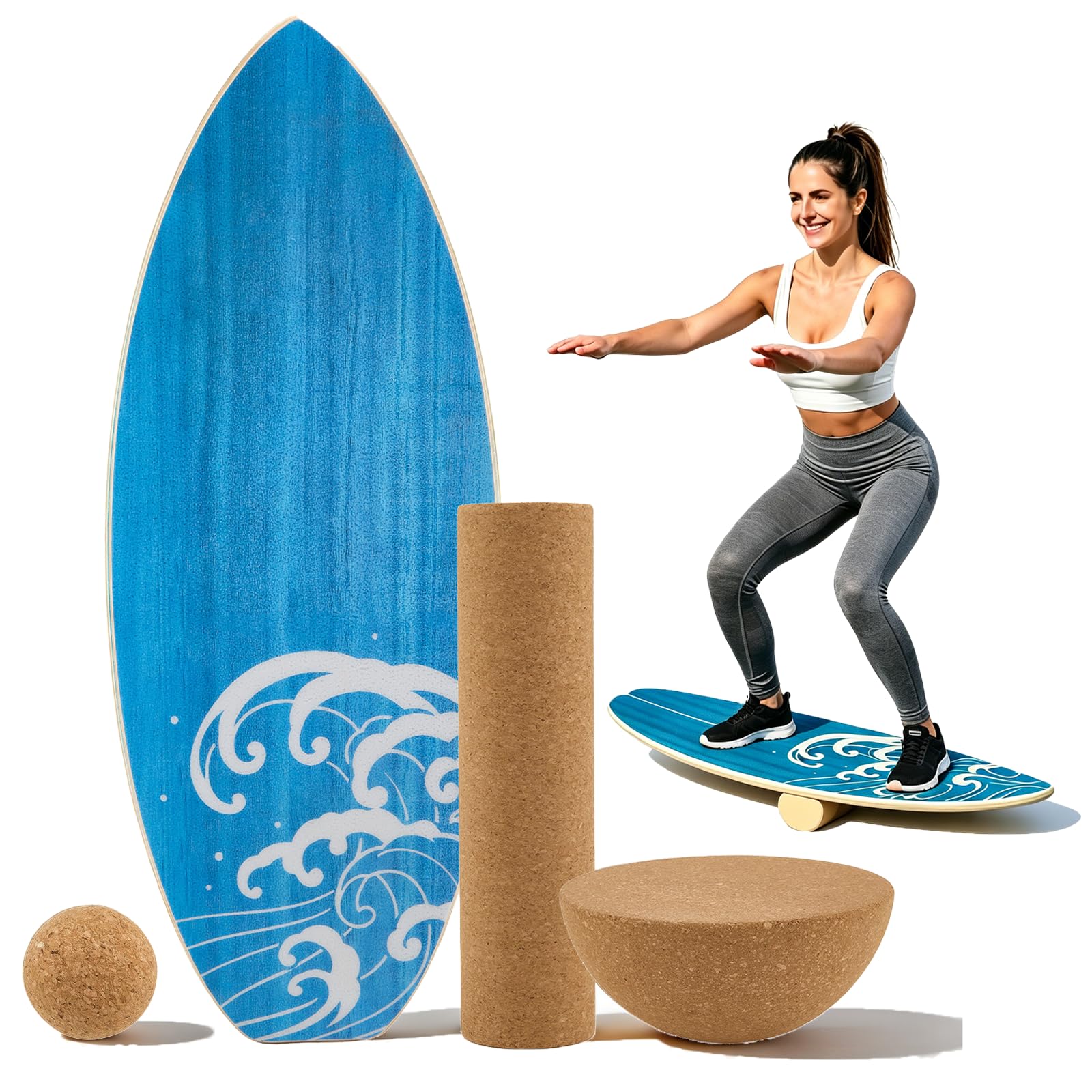 Surf Balance Board Trainer, Balanceboards Holz für Erwachsene Surf Core-Training, Fitness, Indoor Surfboard und Gleichgewichtsboard mit RolleHalbkugel und Balance Ball für Kinder Erwachsene