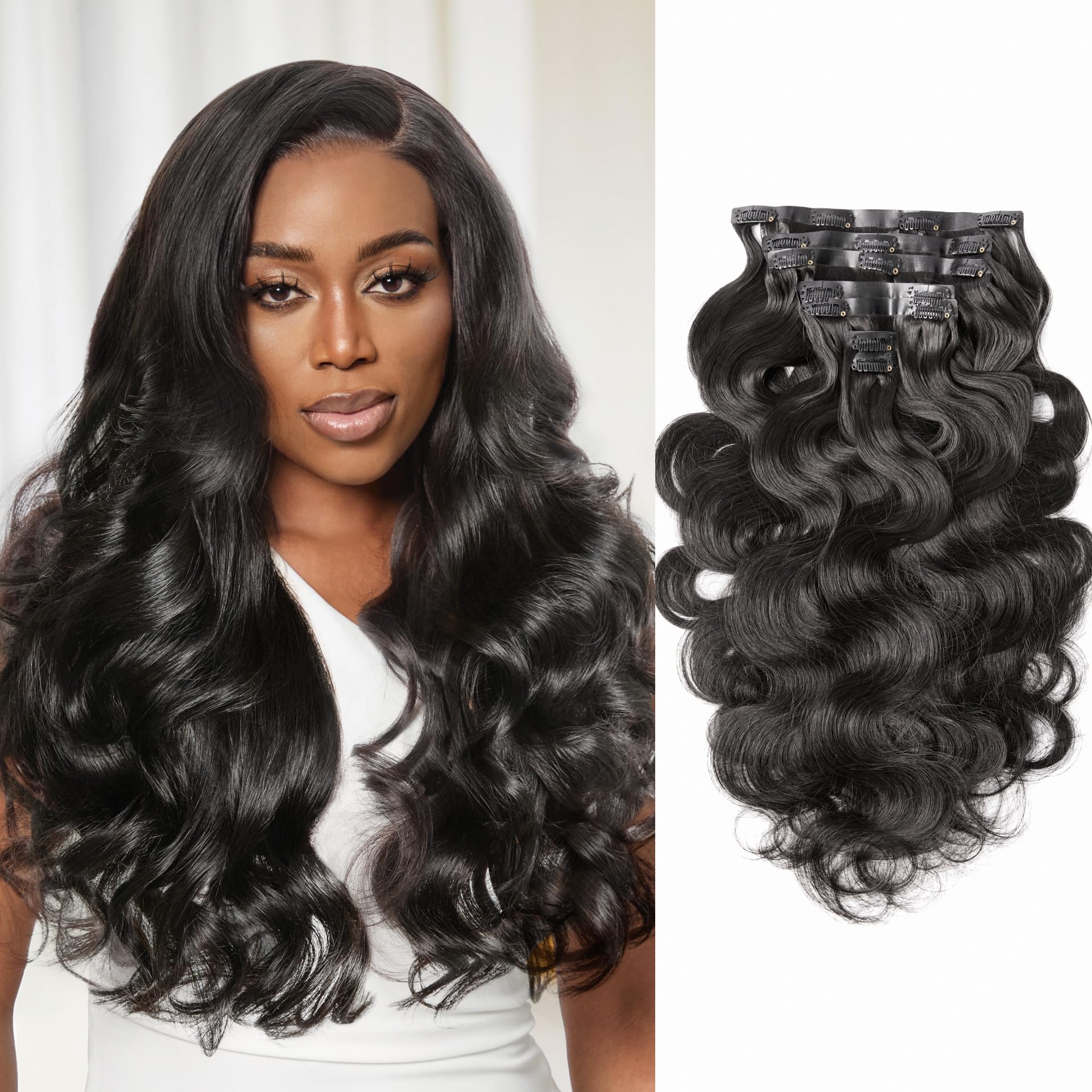 LUVME HAIR Human Hair Extensions Fullness with 1 Pack, 135g 9pcs Body Wave Natural Black Clip in Hair Extensions 100% Real Soft Human Hair Black Hair 16 Inch