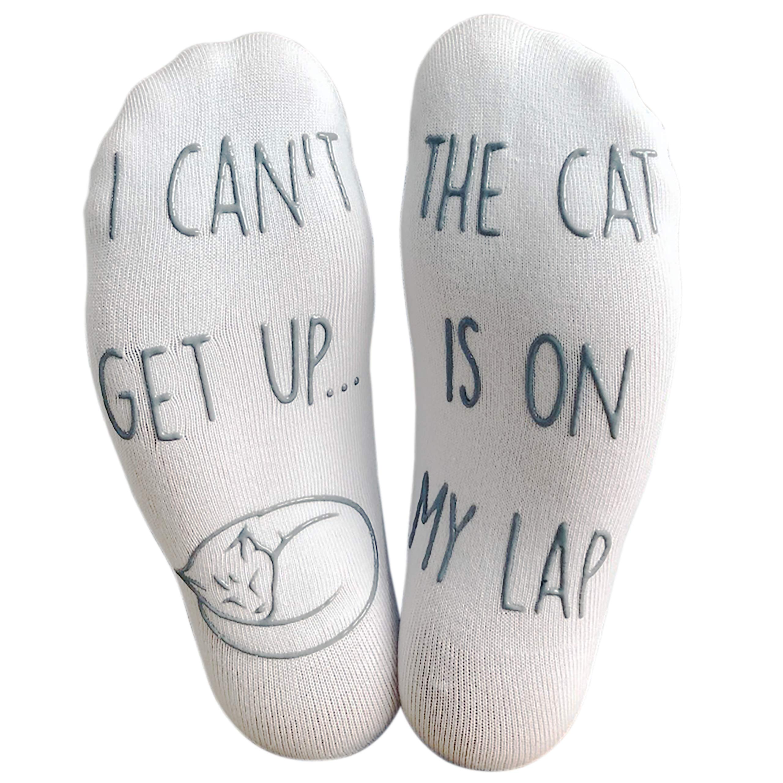 Novelty Cat Lounge Socks - Great Gift For Cat Lovers - "I Cant Get Up, The Cat Is On My Lap"