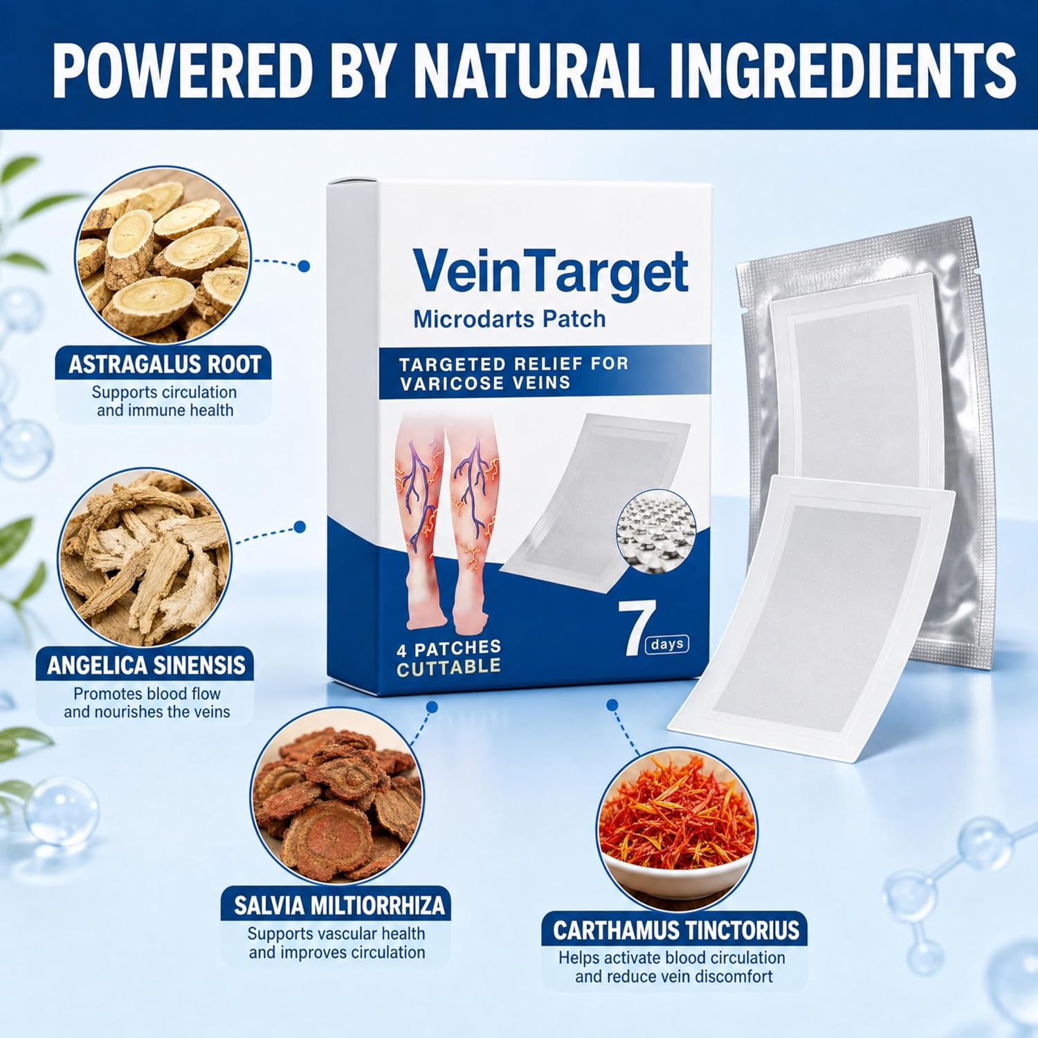 Vein Target Microdarts Patch, Leg Care for Tired Legs & Heavy Calves | Refreshing leg care for long standing & sitting. Botanical formula, natural skin-soothing patch for all skin types.