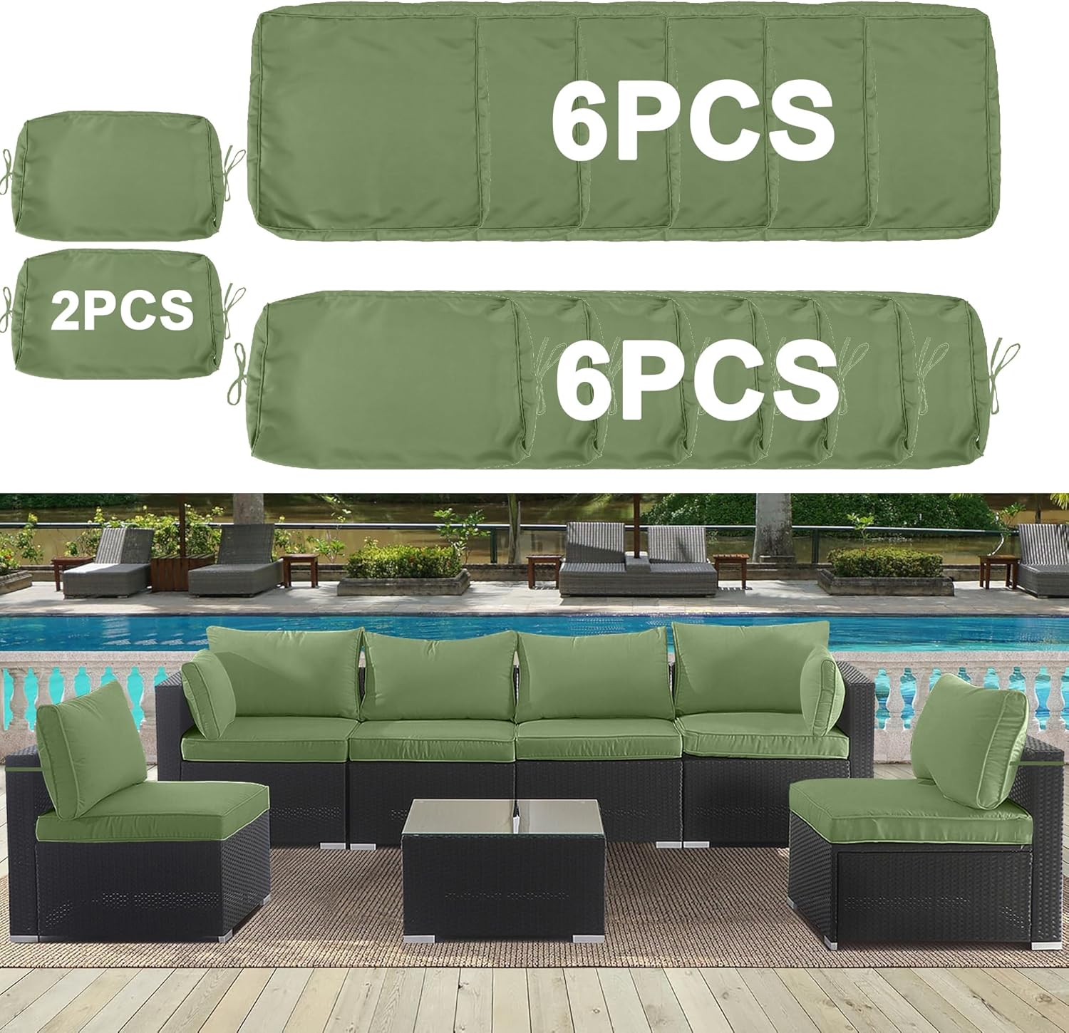 Only choice 14-Piece Patio Cushion Outdoor Covers with Zipper - Replacement for 7 Pieces 6 Seater Outdoor Furniture Sofa Covers Only for Sofa, Couch, Furniture (Cover ONLY)(Olive Green)