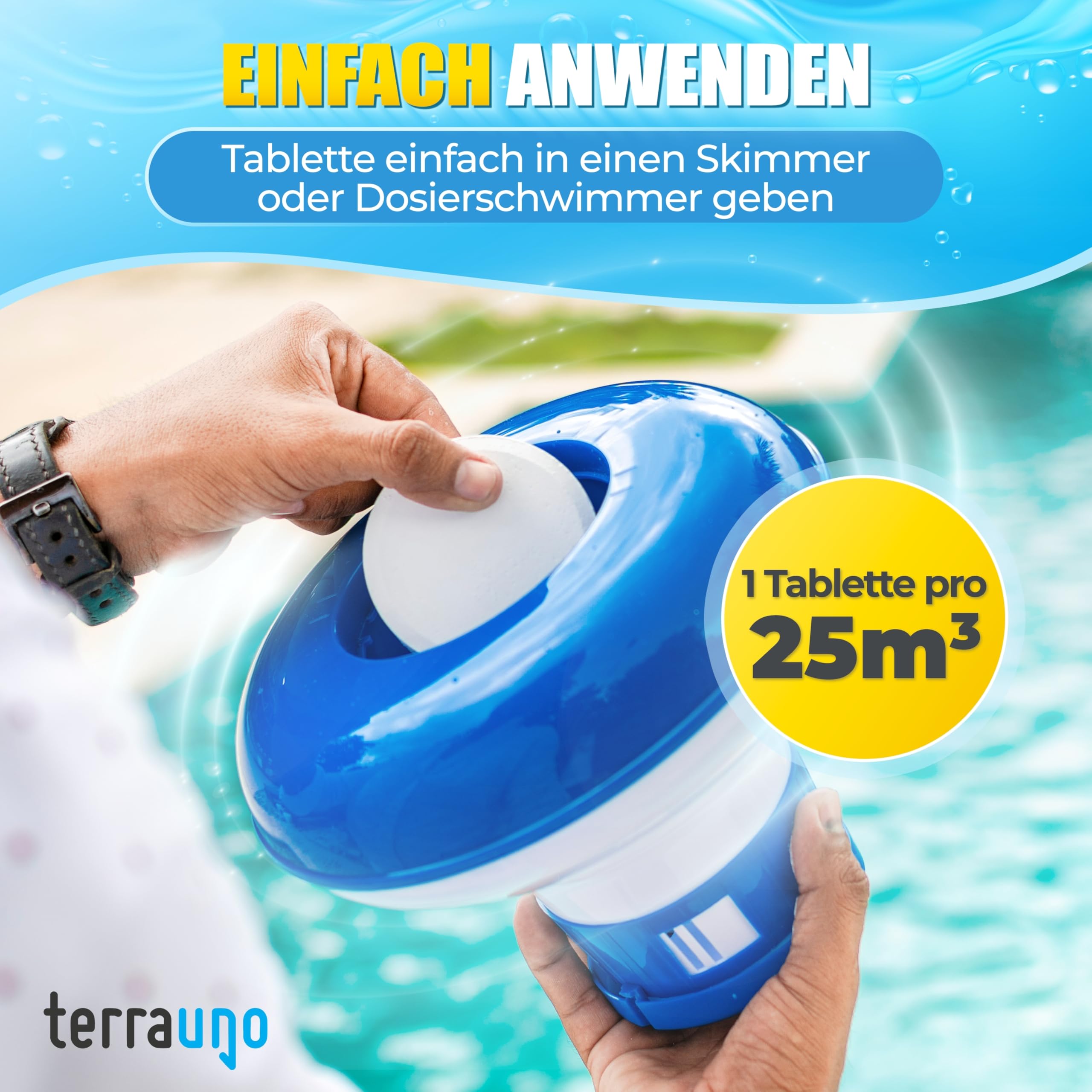 TerraUno Chlortabletten für Pool, Multitabs 5 in 1 für Poolpflege, 5kg je 200g Pool Tabletten langsamlöslich, mit 5 Phasen Power, KristallKlar Effekt, Chlor