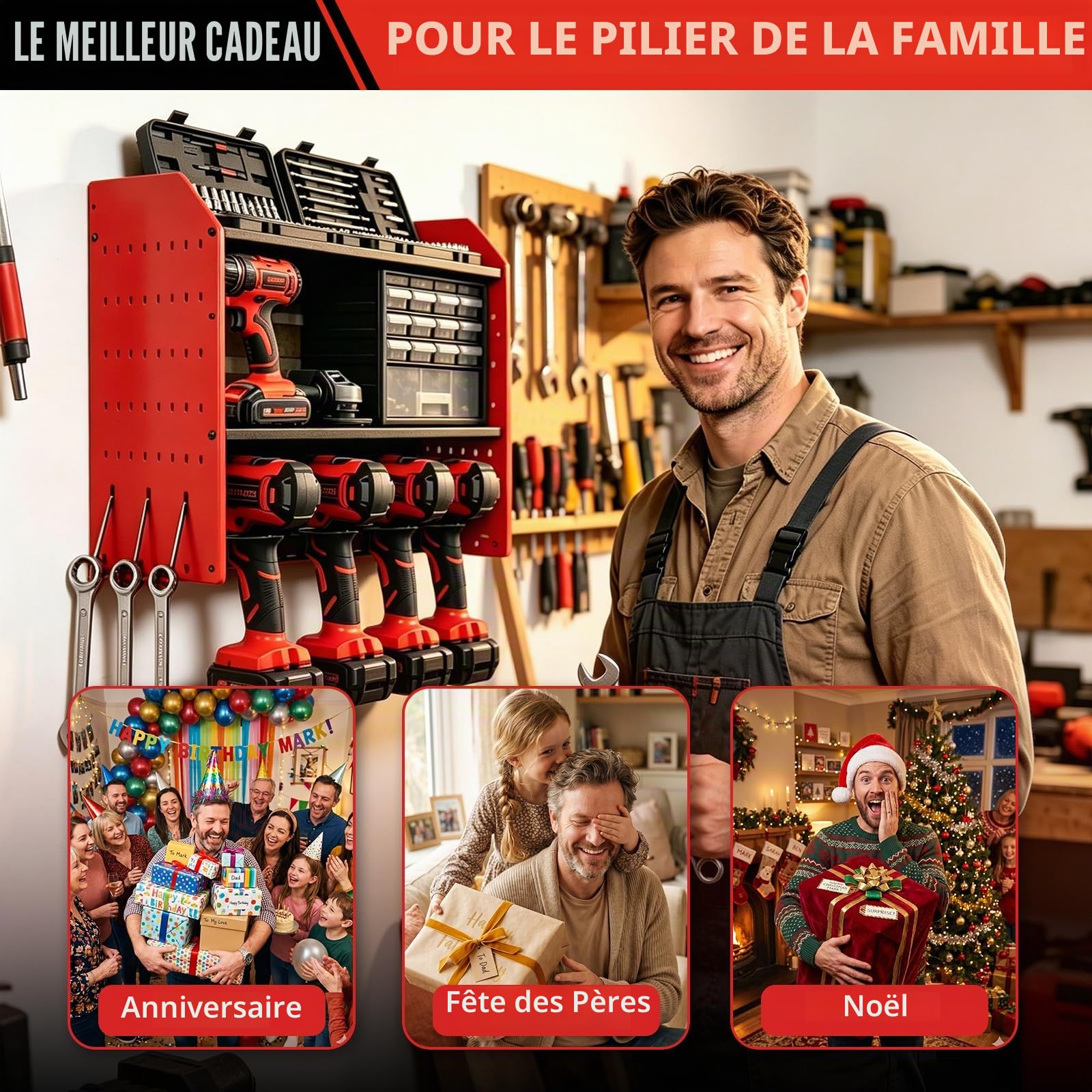Support mural à 4 niveaux, rangement pour 4 outils électriques, perceuse à percussion, porte-outils pour garage et atelier, rouge