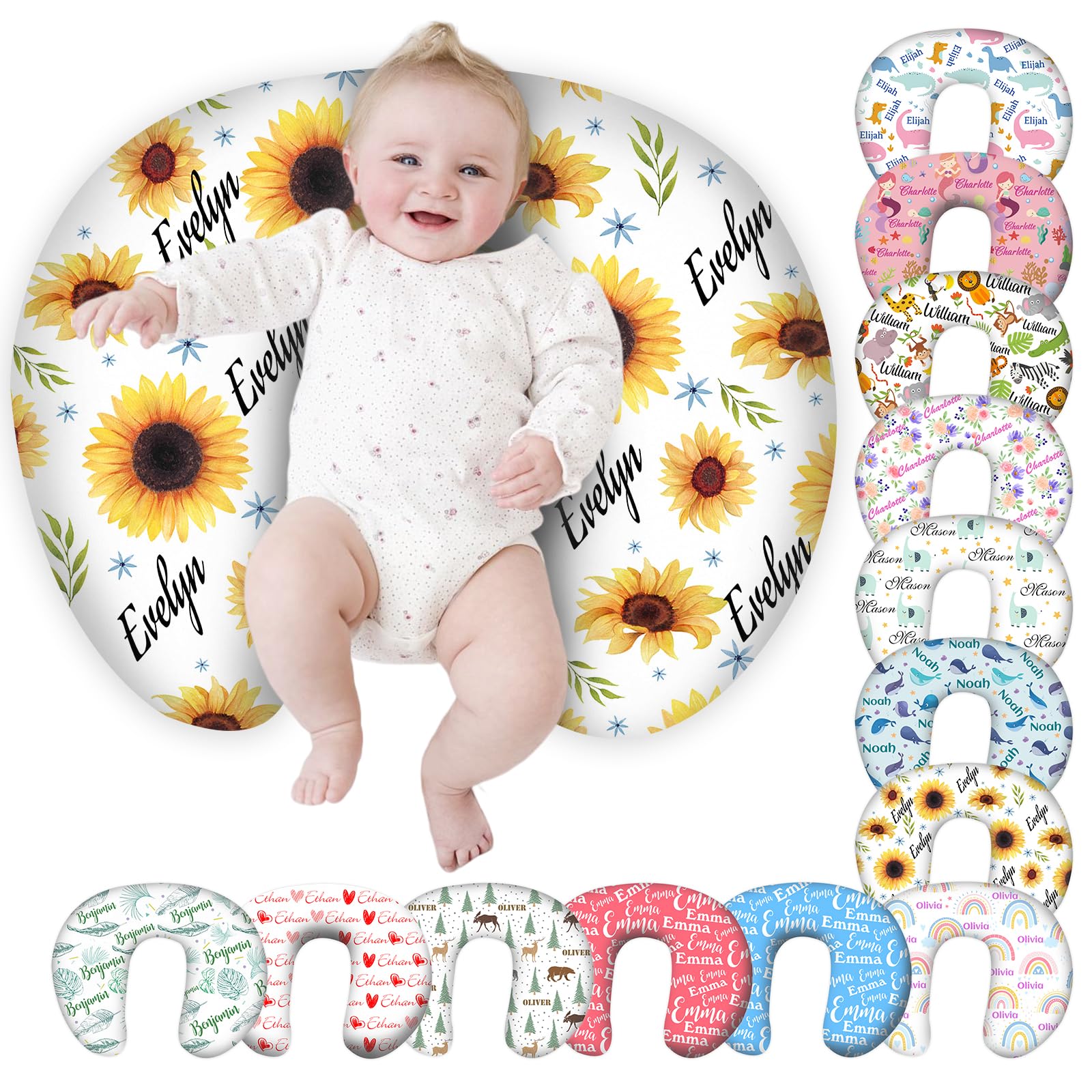 Personalized Baby Nursing Pillow Cover Custom with Name, Sunflower Theme Customized Boy & Girl Gifts