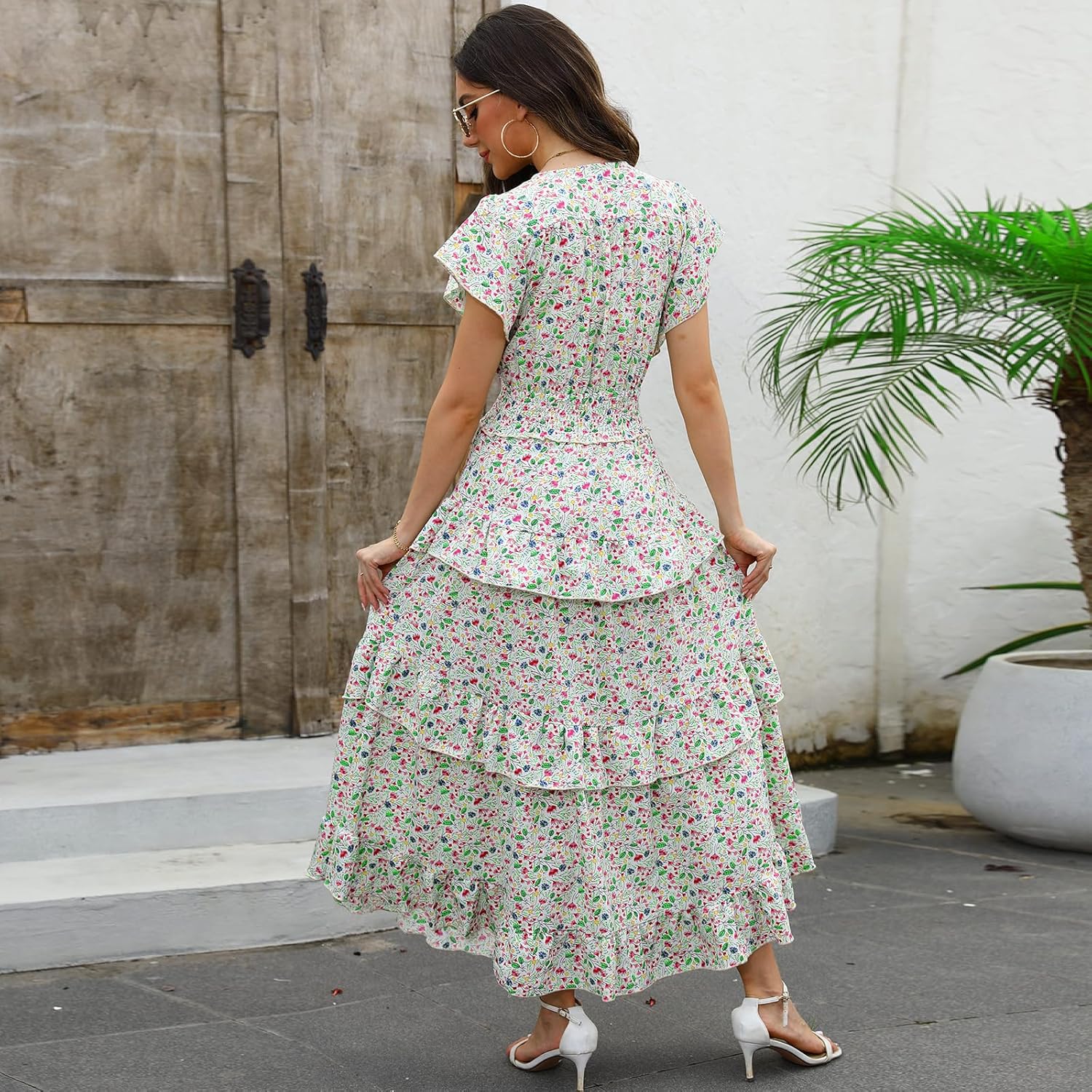 Womens Summer Floral Dress 2025 V Neck Short Sleeve Chiffon Boho Flowy Beach Casual Maxi Long Dresses for Women - Image 5