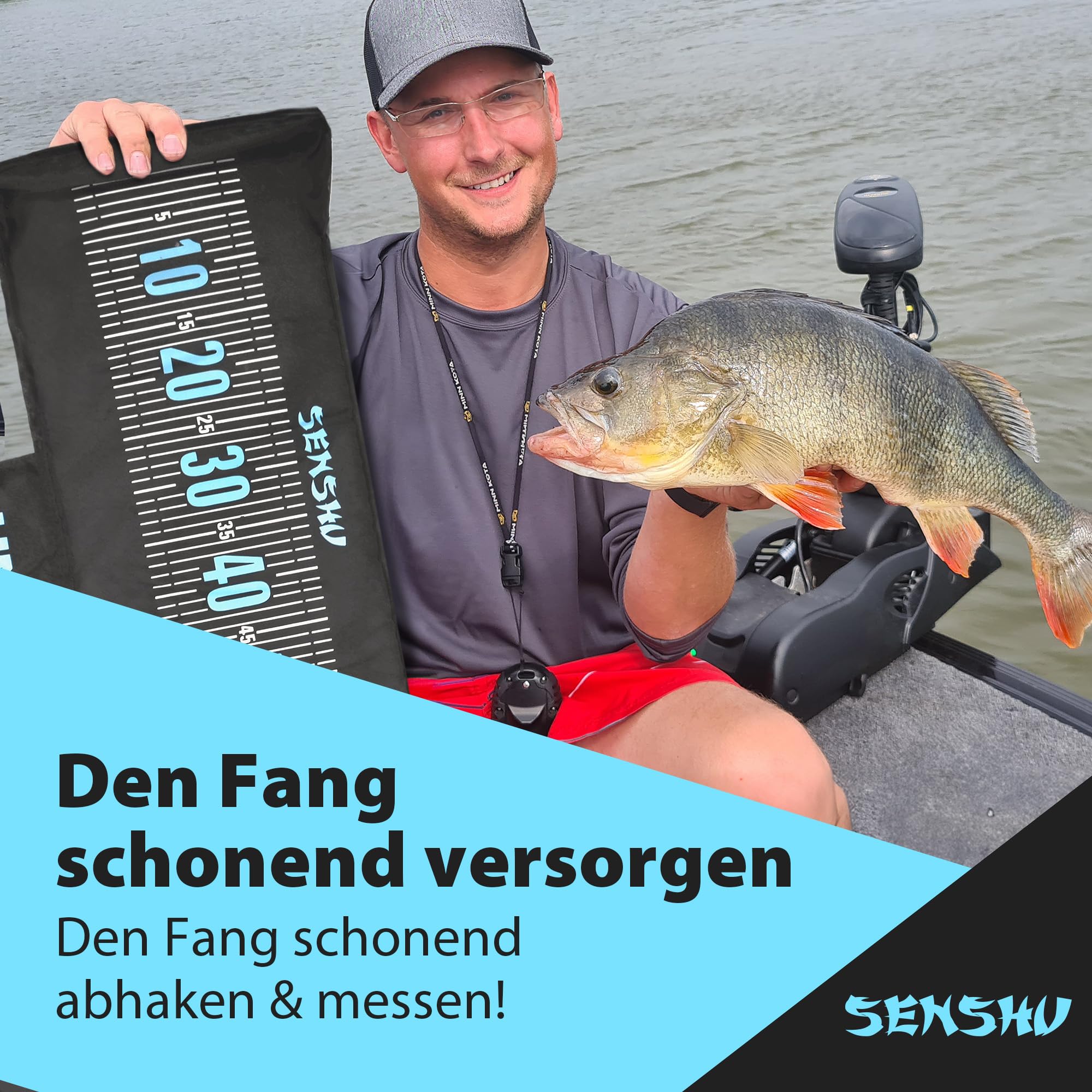 Abhakmatte mit Maßband, 130x30cm, Schwarz-Türkis | XXL Messmatte, Fischschutz-Matte mit Kniepolster, Rollbar & Ultraleicht, Schonend für Schleimhaut