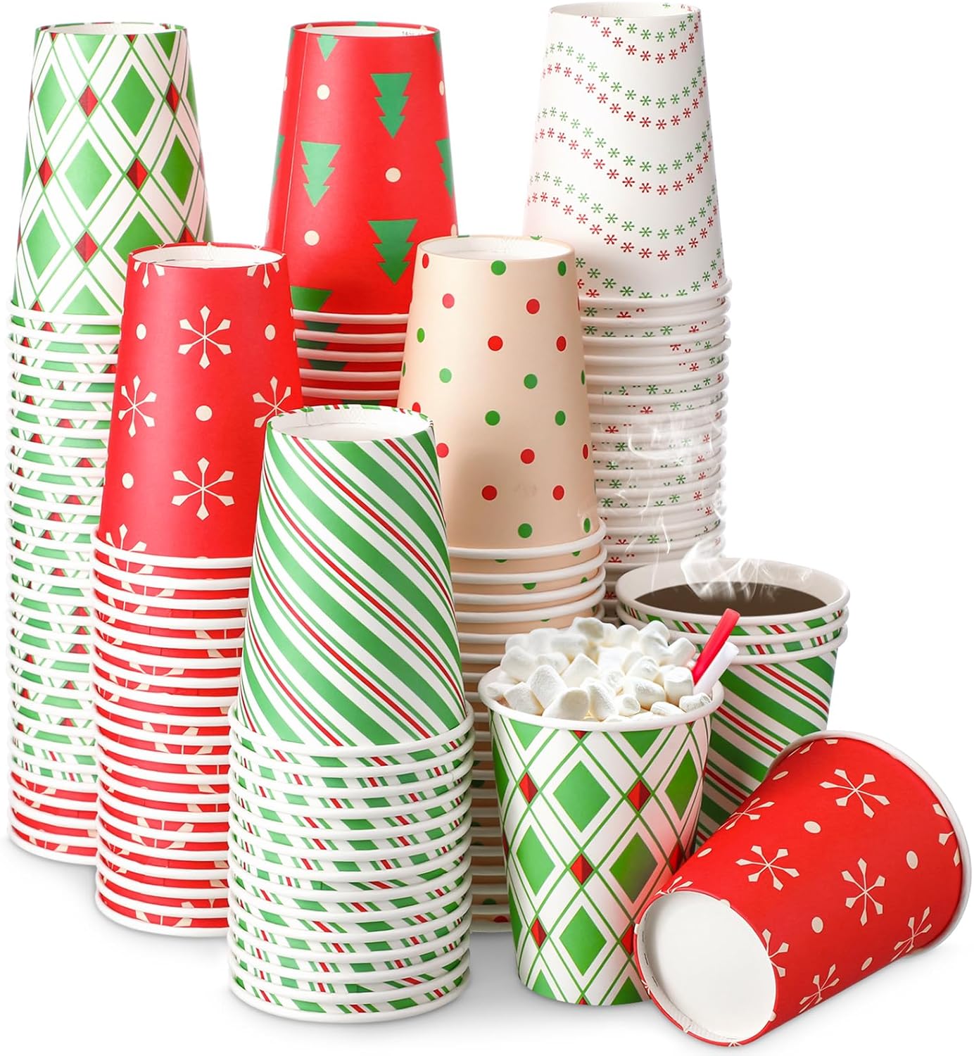 Funtery 120 Set Christmas Day Paper Cups with Lids Disposable Paper Cups Christmas