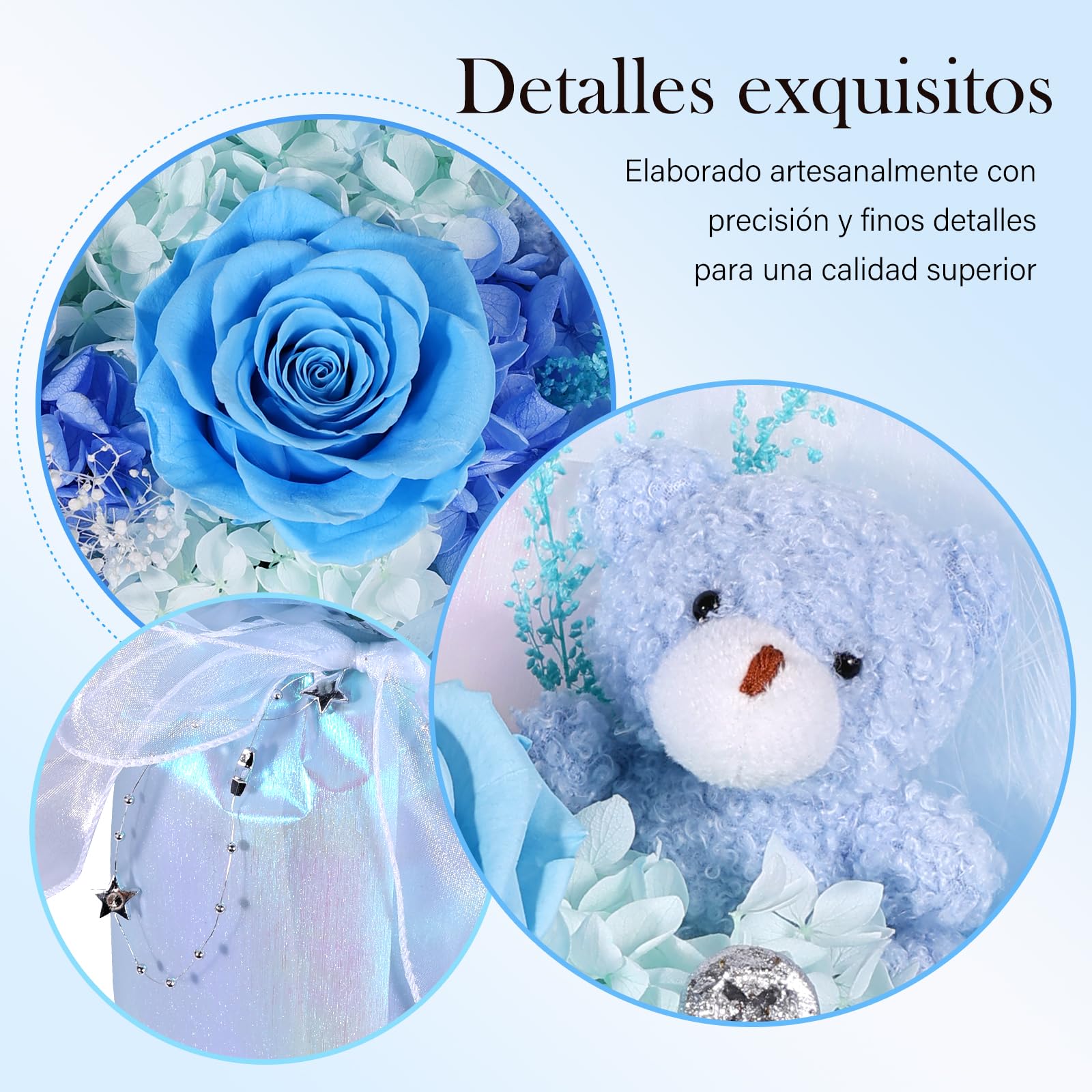 Ramo de Flores Preservadas con Osito, Rosas Eternas Azules, Regalo Mujer | Regalo de 3 rosas preservadas en San Valentín, aniversario, cumpleaños o Día de la Madre, para mujer, novia, esposa o madre
