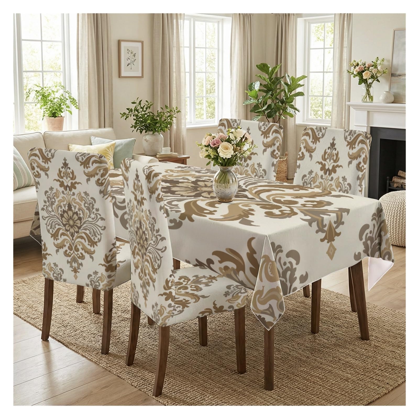 BOSUYBN Baroque Luxury Dining Chair Covers With Tablecloth Set, 5/7 Piece Printed Chair Slipcovers For Classic Dining And Home Decor Table Setting(5pcs Set: Tablecloth+Chair Covers)