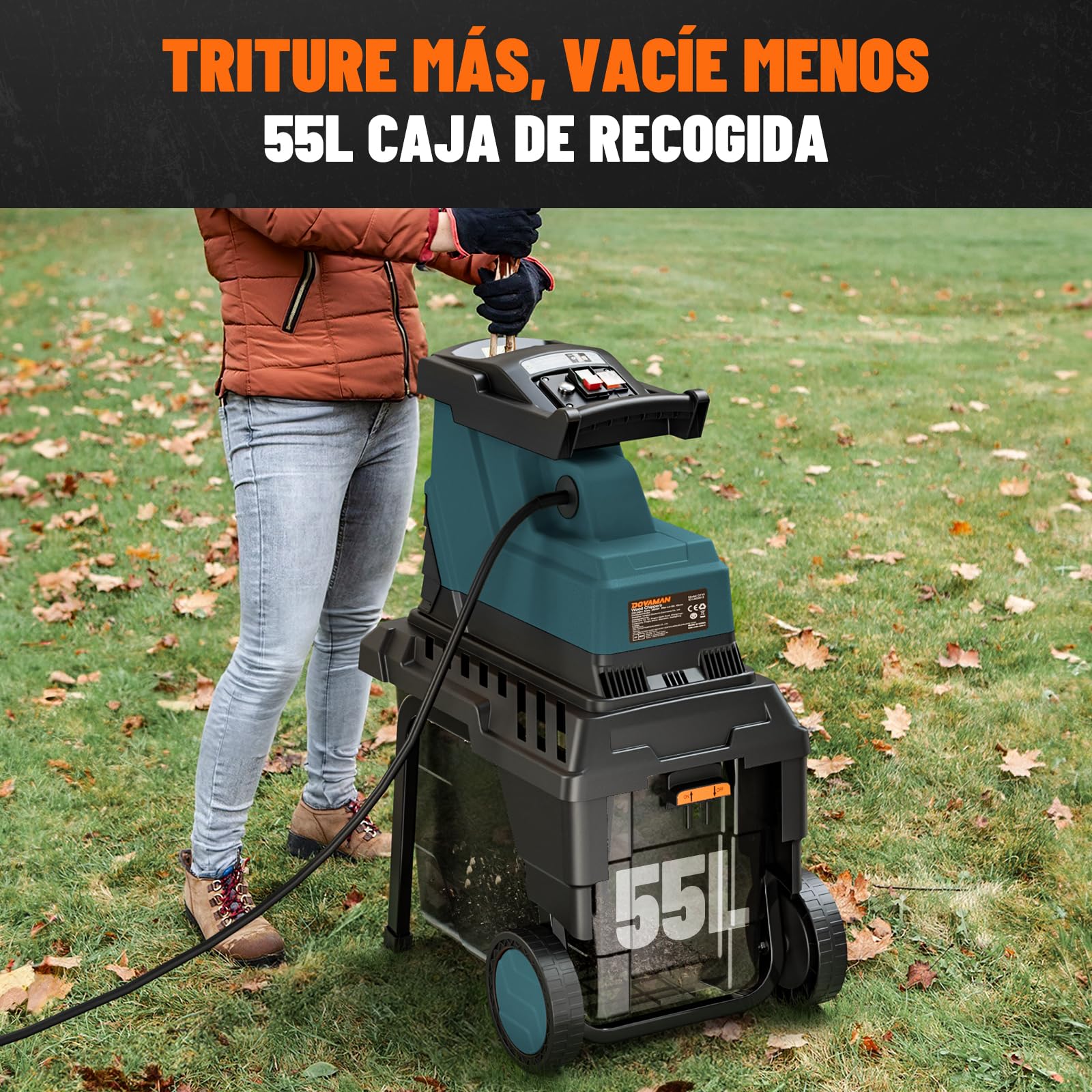 DOVAMAN GT10 Trituradora de Ramas, Motor 2800W sin Escobillas, Rodillo de 6 Dientes, Hasta 45mm, Caja 55L, Silenciosa, Ideal para Jardines - con Protección de Sobrecarga