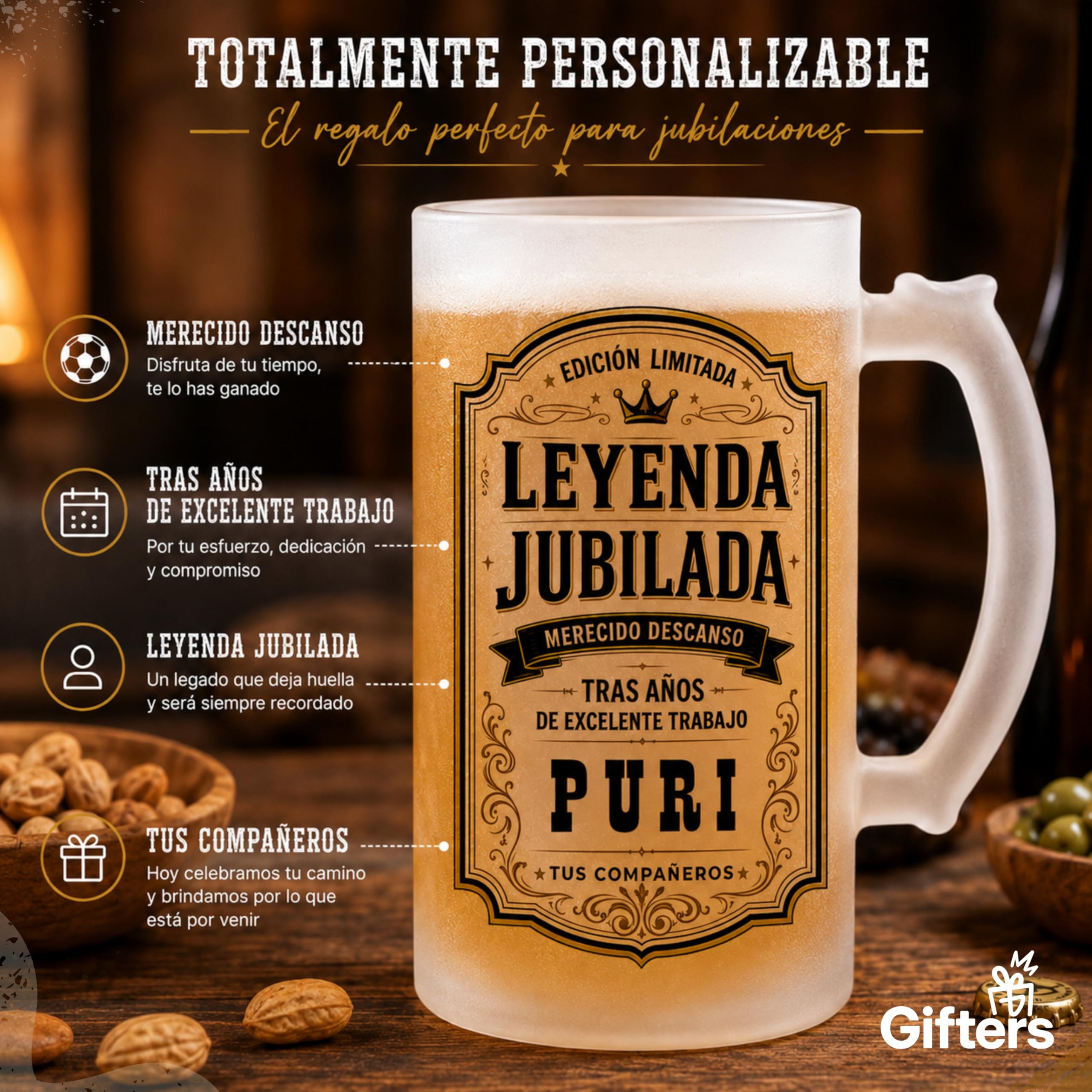 Gifters | Jarra de Cerveza Personalizada Jubilación con Nombre | Cristal Mate 500 ml | Diseño Vintage “Leyenda Jubilada” | Regalo Original para Jubilados, Compañeros de Trabajo, Oficina y Despedidas