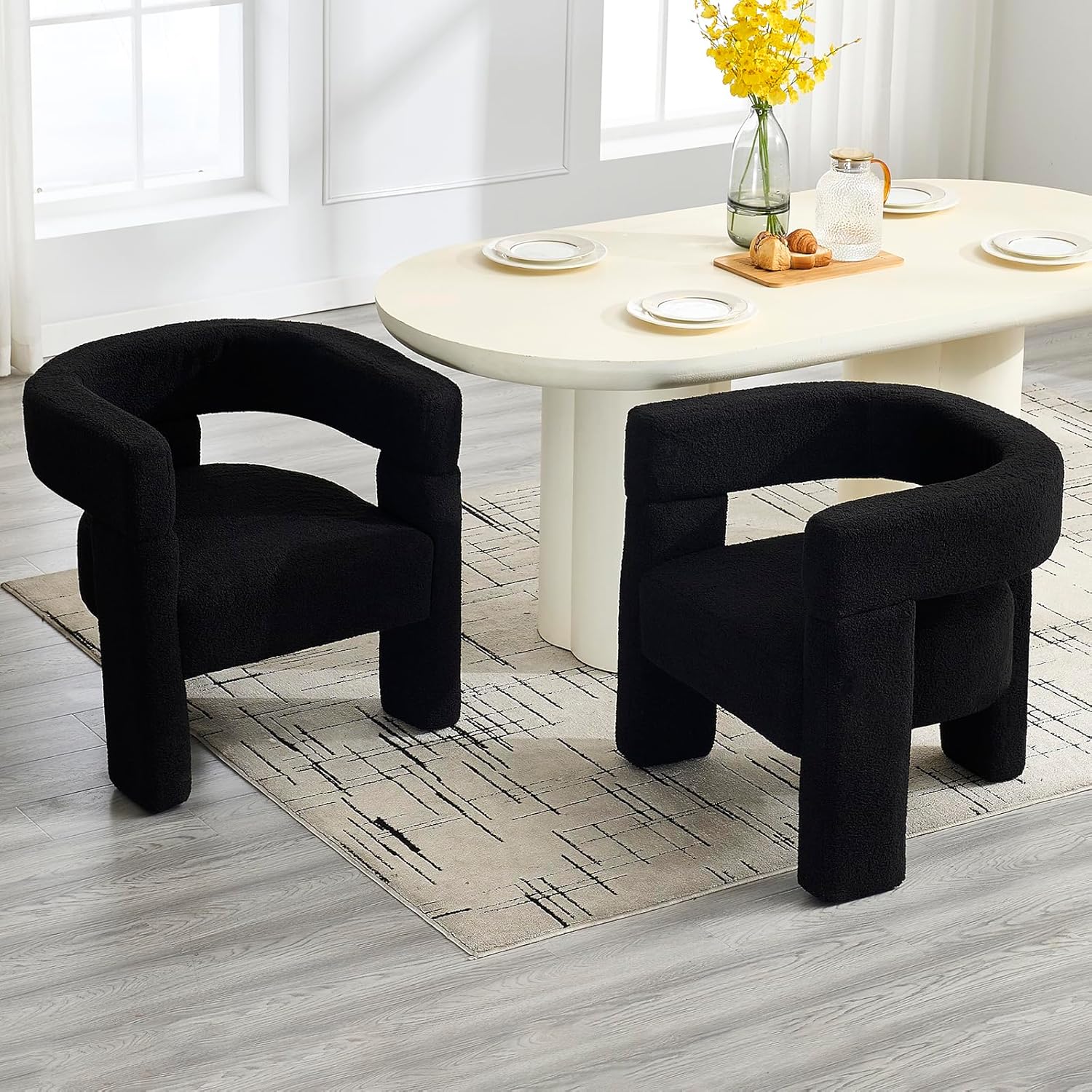 Sherpa Boucle Accent Chairs, Mid Century Modern Dining Room Chairs 4 PCS, Comfy Upholstered Side Armchairs Cute Barrel Side Chairs with 3 Legs for Bedroom/Kitchen/Living /Balcony/Reception, Black