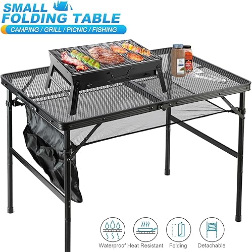 Miniatura 3 de Mesa de camping plegable de metal con capa de malla, mesa de parrilla ligeramesa para exteriores, 2 alturas ajustables, mesa de metal portátil para