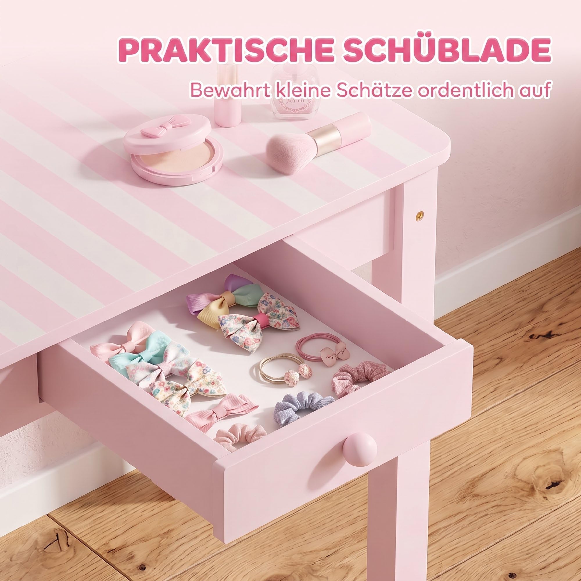 AIYAPLAY Kinder Schminktisch Set 2 in 1 mit Hocker für Mädchen 3-6 Rosa