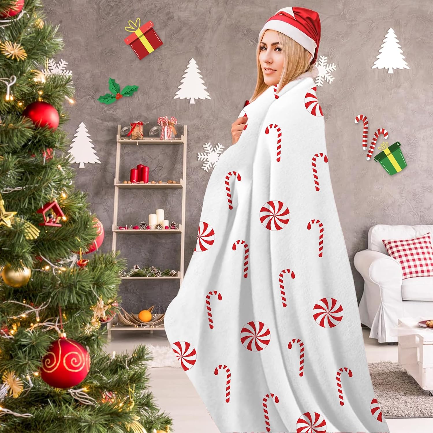 Christmas Throw Blanket Candy Cane Flannel Throw Blanket Super Soft Warm Bed Blanket Christmas Holiday Decor for Living Room Bedroom Sofa Couch 40x50 Inch - Image 6