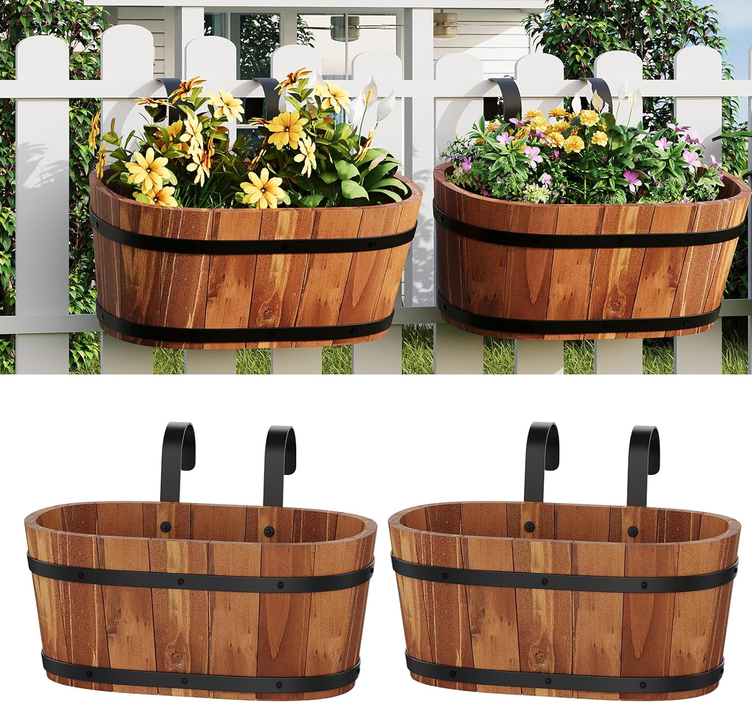 2pcs Wooden Hanging Flower Pots for Railing Fence Outdoor Planter Railing Planter Boxes for Plants Wall Planters Window Flower Box Hanging Bucket Pots Countryside plant Holder (Brown,2pcs,Large)
