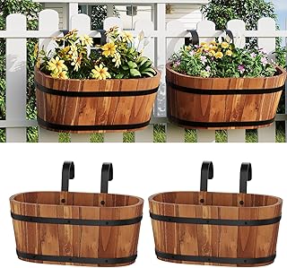 2pcs Wooden Hanging Flower Pots for Railing Fence Outdoor Planter Railin...