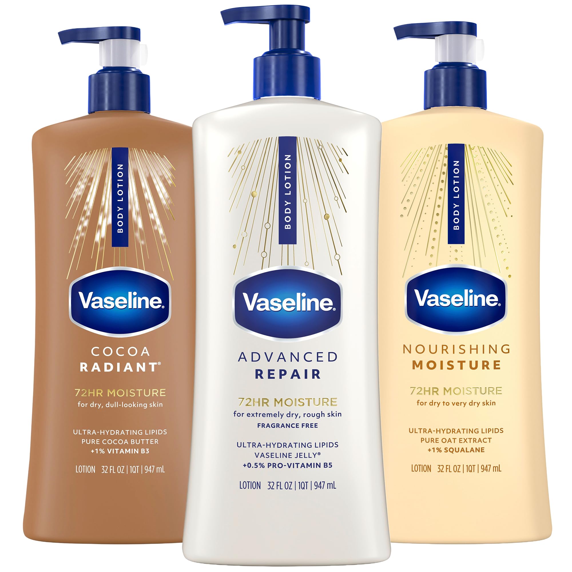 Body Lotion Variety 3-Pack (Advanced Repair Unscented by Vaseline – 32 Fl Oz (Pack of 3), Brown, White, Yellow, Pack of 3
