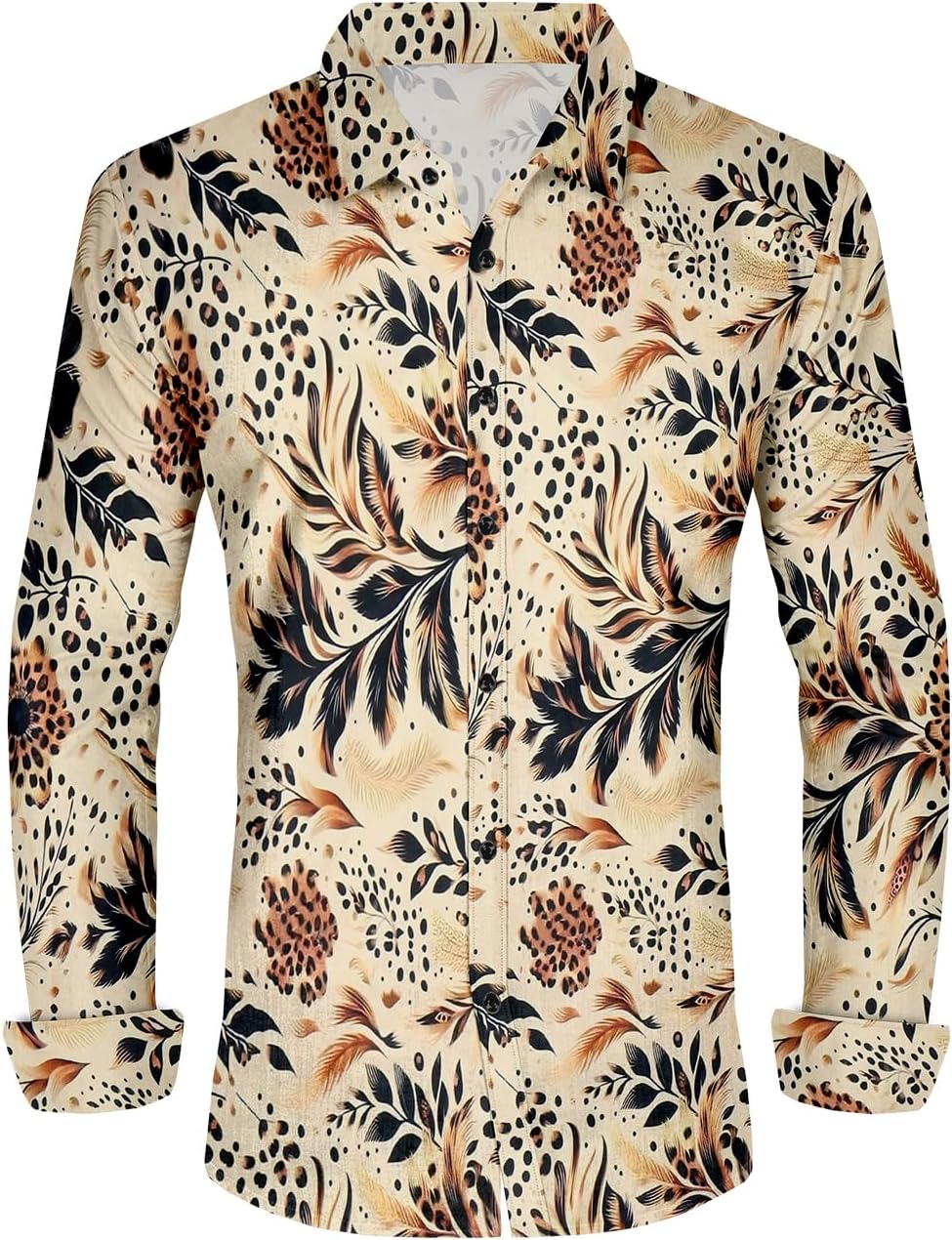 Men's Long Sleeve Shirt, Leopard Print with Feather Pattern, Beige, Black, Brown, Button Down Casual Shirt