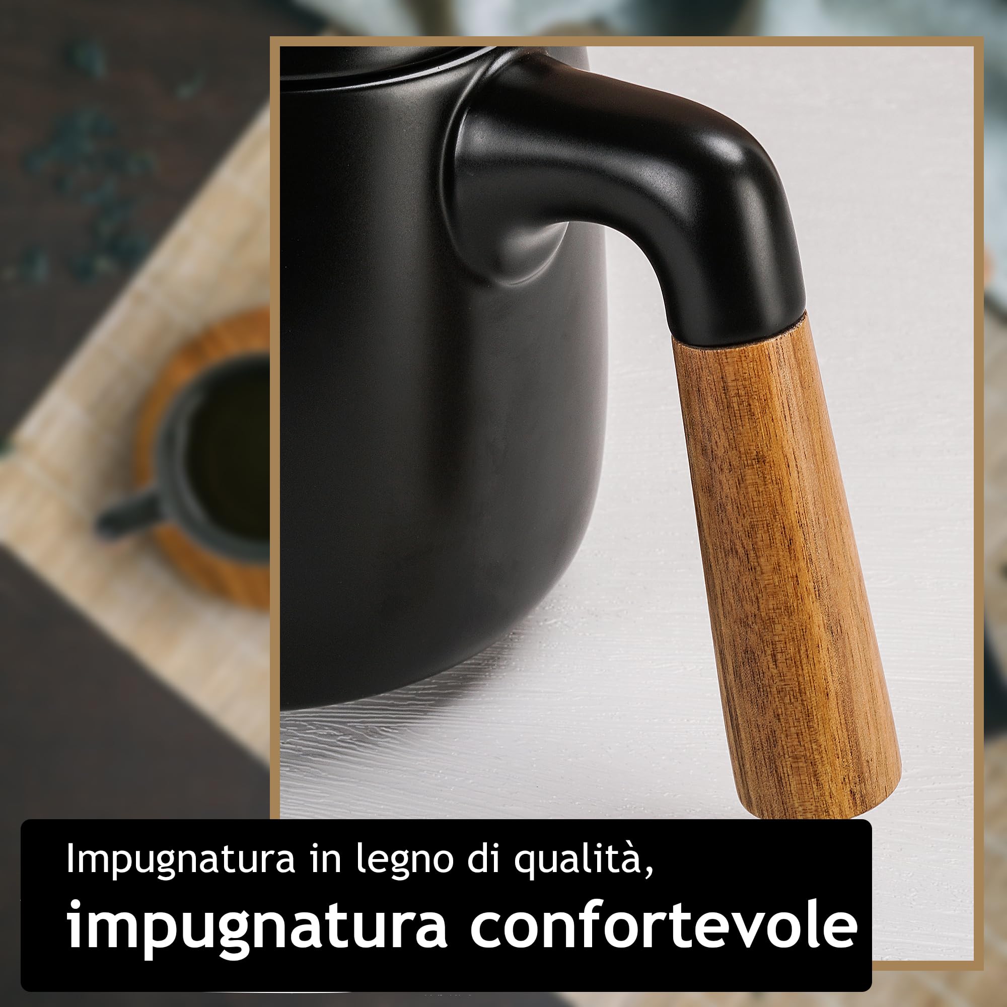 MIAMIO - Set di teiere in ceramica da 1000 ml con infusore e tazze/colino per il tè, 4 tazze da tè in ceramica (300 ml), piattini in bambù/manico per casa e ufficio (Nero)