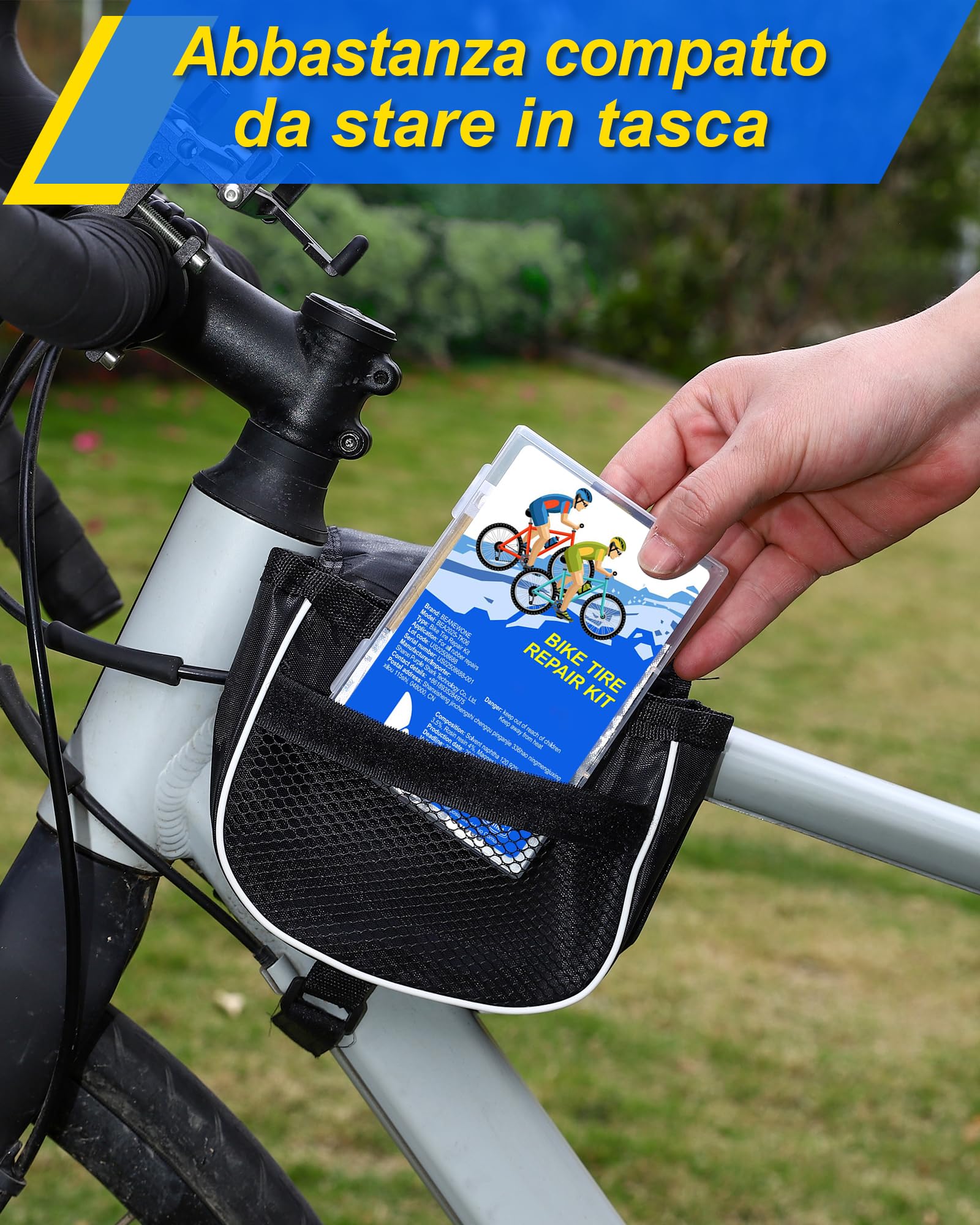 Beanewone Kit Riparazione Bici, Kit Riparazione Pneumatici Bici con 18 Toppe, 2 Soluzioni in Gomma, Barra per Pneumatici e Lima in Metallo - Adatto per Biciclette, Moto e Camere d'Aria Gonfiabili