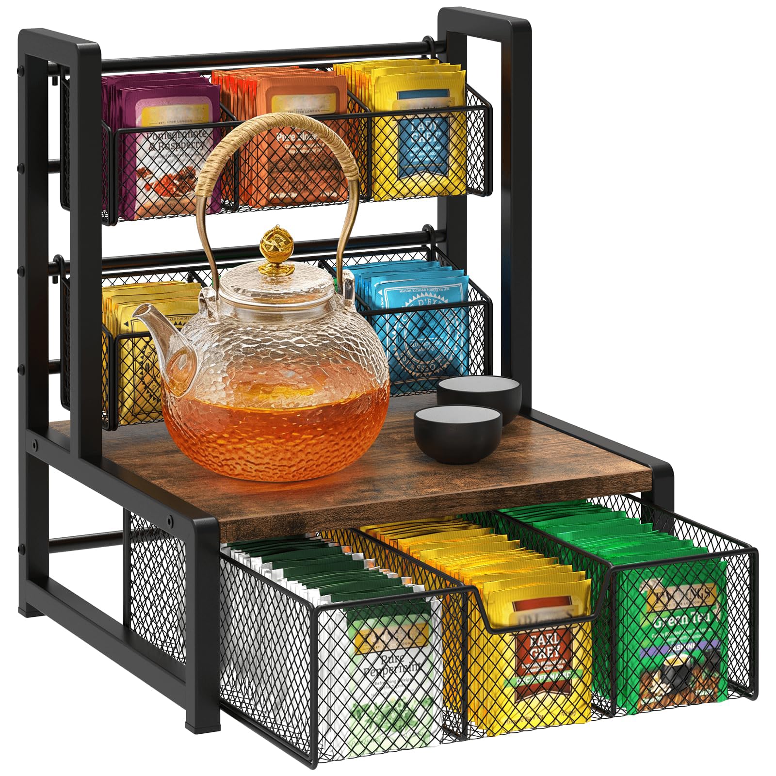 Tea Bag Organizer, Industrial Style Tea Station Chest Display Rack for Tea Bags, Coffee Pods, and Teaware, Rustic Wood & Metal Frame with Drawer for Office & Home (Rustic Brown, 3 Tier)