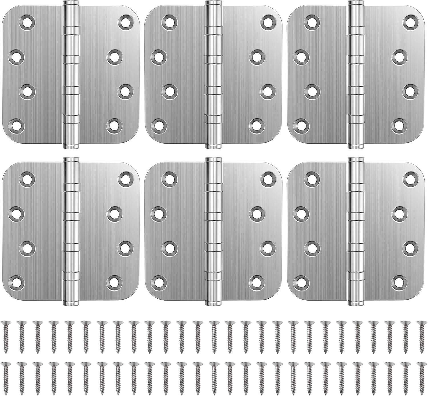 KOLET Ball Bearing Door Hinges, 4 x 4 Inches Door Hinges, 5/8'' Radius Corner Hinges, Heavy Duty Stainless Steel, Smooth and Quiet, Non Removable Pin, Brushed Nickel, 6 Pack