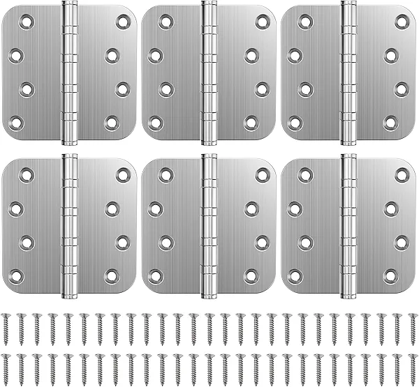 KOLET Ball Bearing Door Hinges, 4 x 4 Inches Door Hinges, 5/8'' Radius Corner Hinges, Heavy Duty Stainless Steel, Smooth and Quiet, Non Removable Pin, Brushed Nickel, 6 Pack